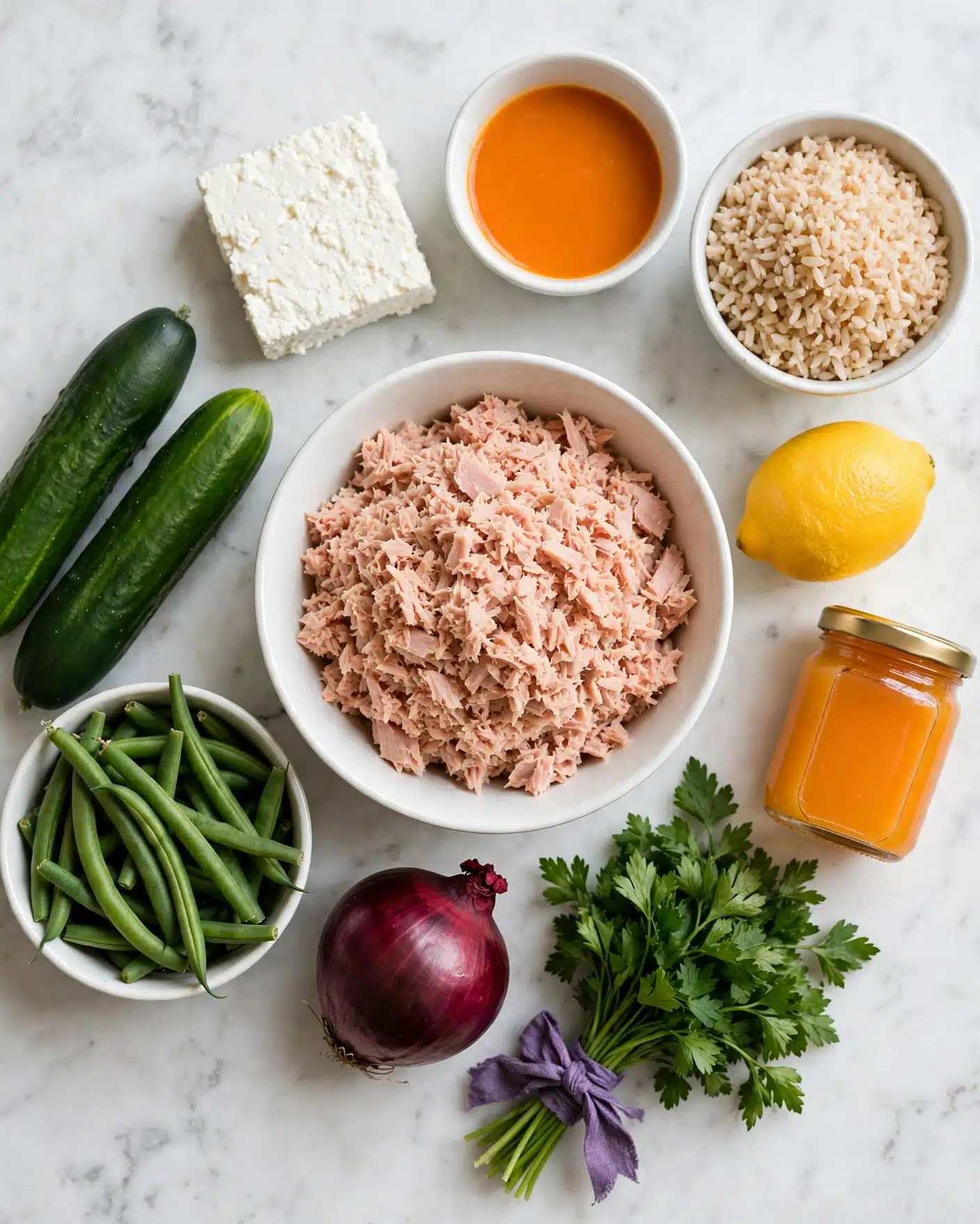 Delicious Cucumber Tuna Salad Recipe 4 Square image The image shows a white bowl full of shredded light pink tuna in the center on a white marbled surface. Above it, there is a square piece of white crumbly cheese next to a small white bowl of orange liquid and a white bowl full of light brown rice. To the right of the tuna bowl, there is a whole yellow lemon and a small glass jar with orange liquid. On the left side of the tuna bowl, there are two dark green cucumbers and a white bowl filled with green beans. Below the tuna bowl, there is a dark reddish-purple onion and a bunch of green parsley tied with a purple band. photo taken with an iphone --ar 4:5 --v 7