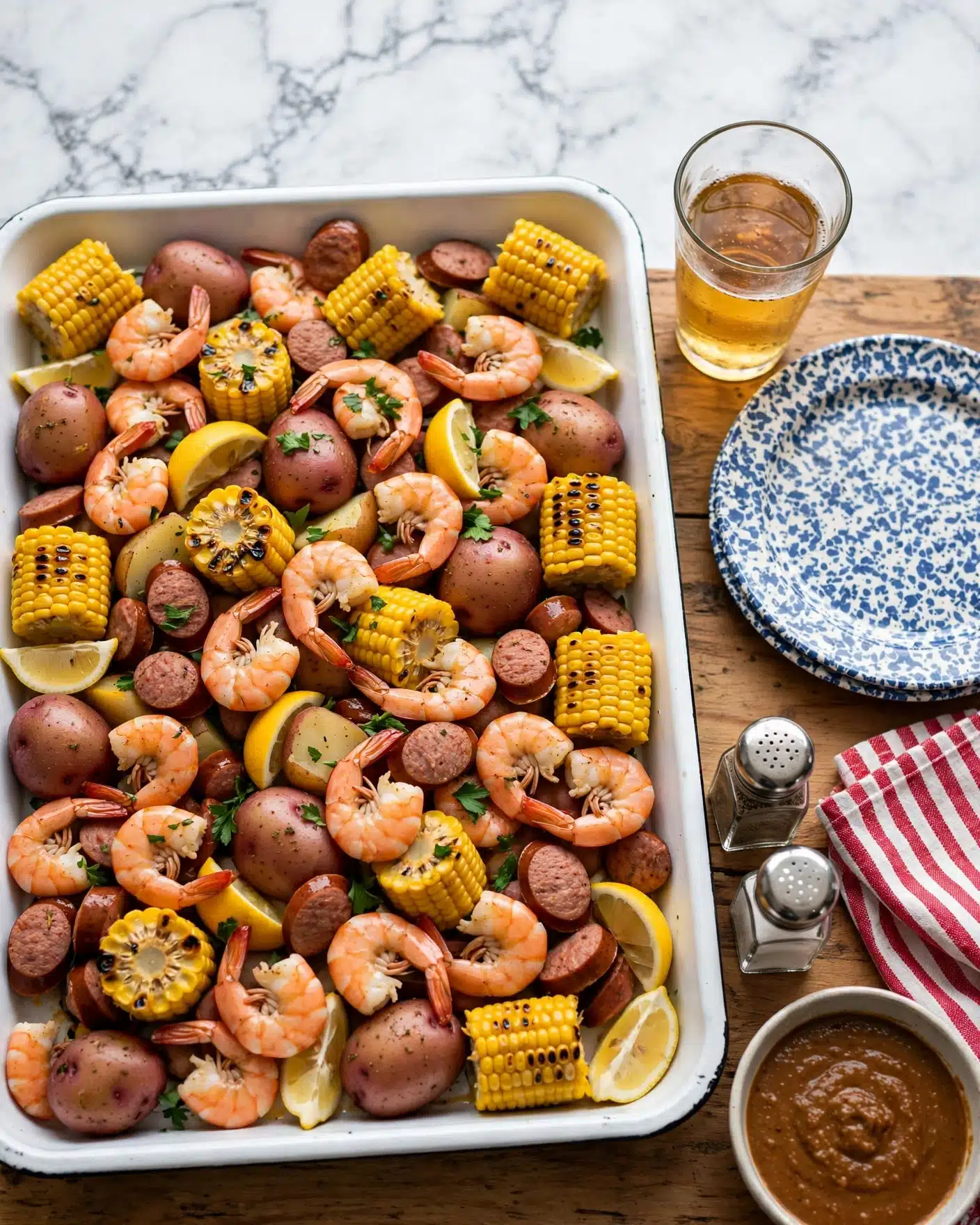 Square image The image shows a large white rectangular tray filled with a mix of cooked shrimp, corn on the cob pieces, red potatoes, sausage slices, and lemon wedges. The shrimp have a pink-orange color and are scattered evenly across the tray. The corn pieces are bright yellow with a slightly charred texture, placed throughout the mix. The red potatoes are whole and have a soft, cooked appearance mixed with the shrimp and corn. The sausage slices are a reddish-brown color and are spread evenly. Small green herb leaves are sprinkled on top for garnish. The tray sits on a wooden table with a glass of light beer, two blue and white speckled empty plates, a bowl of brown sauce, salt and pepper shakers, and a red and white striped cloth napkin nearby. The background has a white marbled texture. photo taken with an iphone --ar 4:5 --v 7