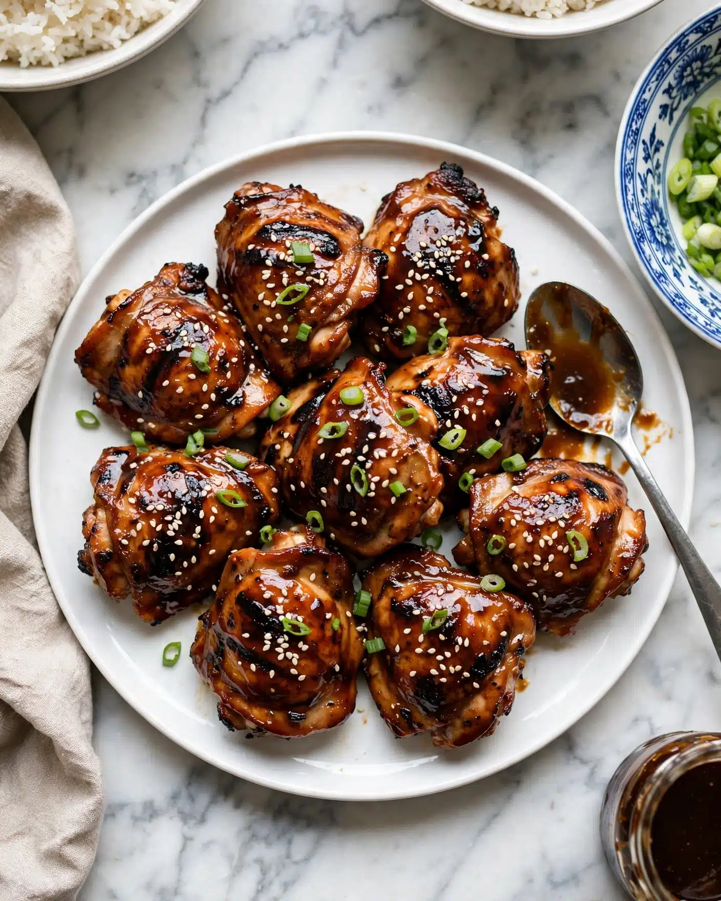 Square image A white plate filled with about eight pieces of grilled chicken thighs covered in a shiny, dark brown glaze. The chicken has some blackened char marks and is sprinkled with white sesame seeds and sliced green onions on top. On the right side of the plate, a metal spoon rests with some sauce on it. The plate is on a white marbled surface, with part of a beige cloth visible on the left. Around the plate, there are parts of white bowls with rice and a blue-and-white bowl with sliced green onions. A small jar with dark sauce is also partly seen at the bottom right. photo taken with an iphone --ar 4:5 --v 7