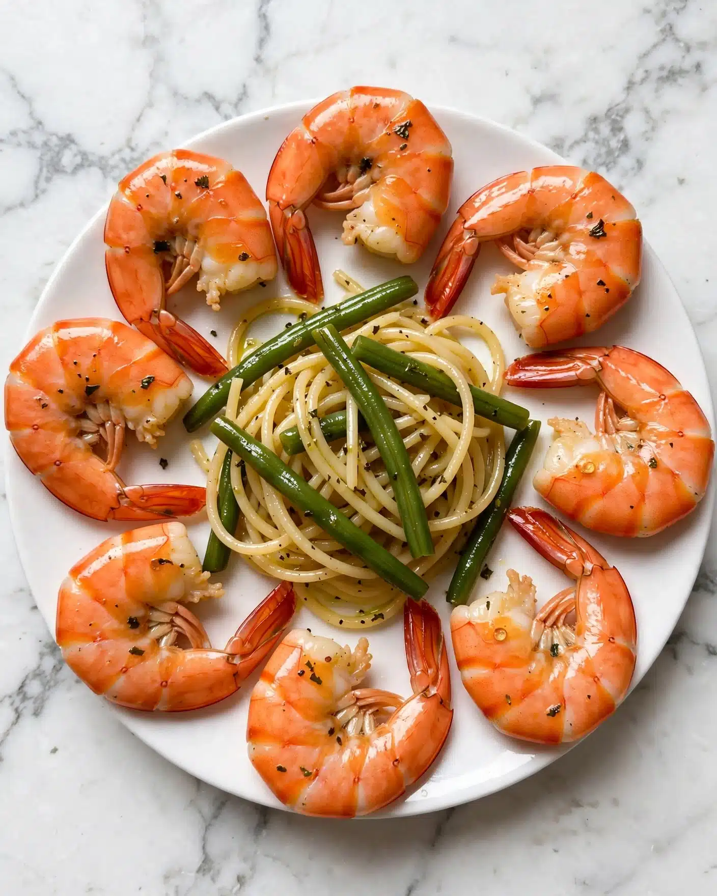 TSquare image he image shows a white round plate on a white marbled surface. On the plate, there are seven large cooked shrimp arranged in a ring around the edge, their bright orange shells visible with some seasoning on top. In the center of the plate, there is a small pile of white pasta mixed with green beans, the pasta strands thin and slightly glossy, while the green beans are long and fresh-looking. The shrimp’s texture is firm and slightly shiny from cooking. Photo taken with an iphone --ar 4:5 --v 7