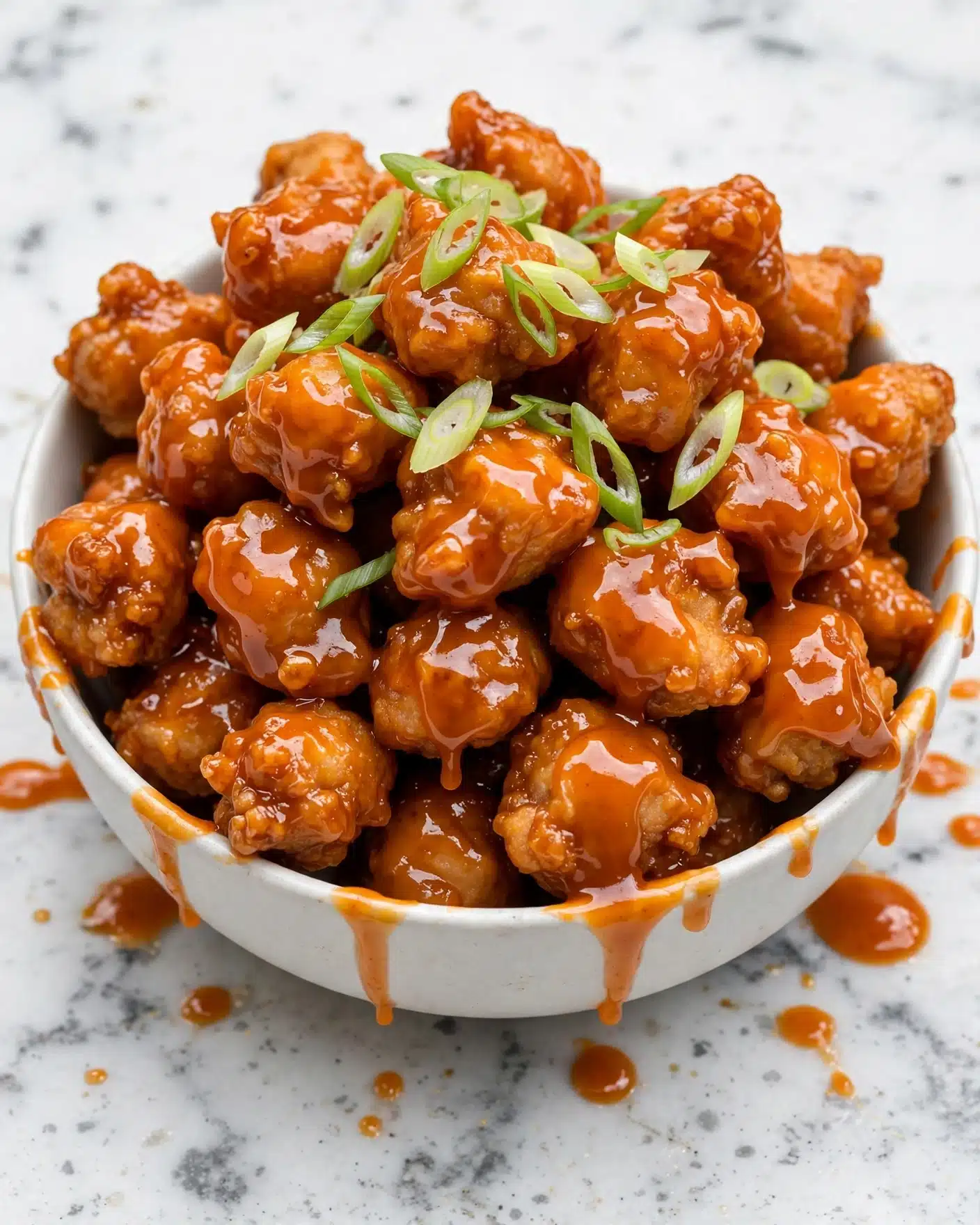 Quick and Easy Honey Chicken Recipe 5 Square image A white bowl filled with shiny, small golden brown fried pieces covered in a glossy orange sauce, topped with thin sliced light green onions scattered over the top. The pieces are piled high and look soft and glossy with a few drips of sauce around the edges. The bowl sits on a white marbled surface. photo taken with an iphone --ar 4:5 --v 7