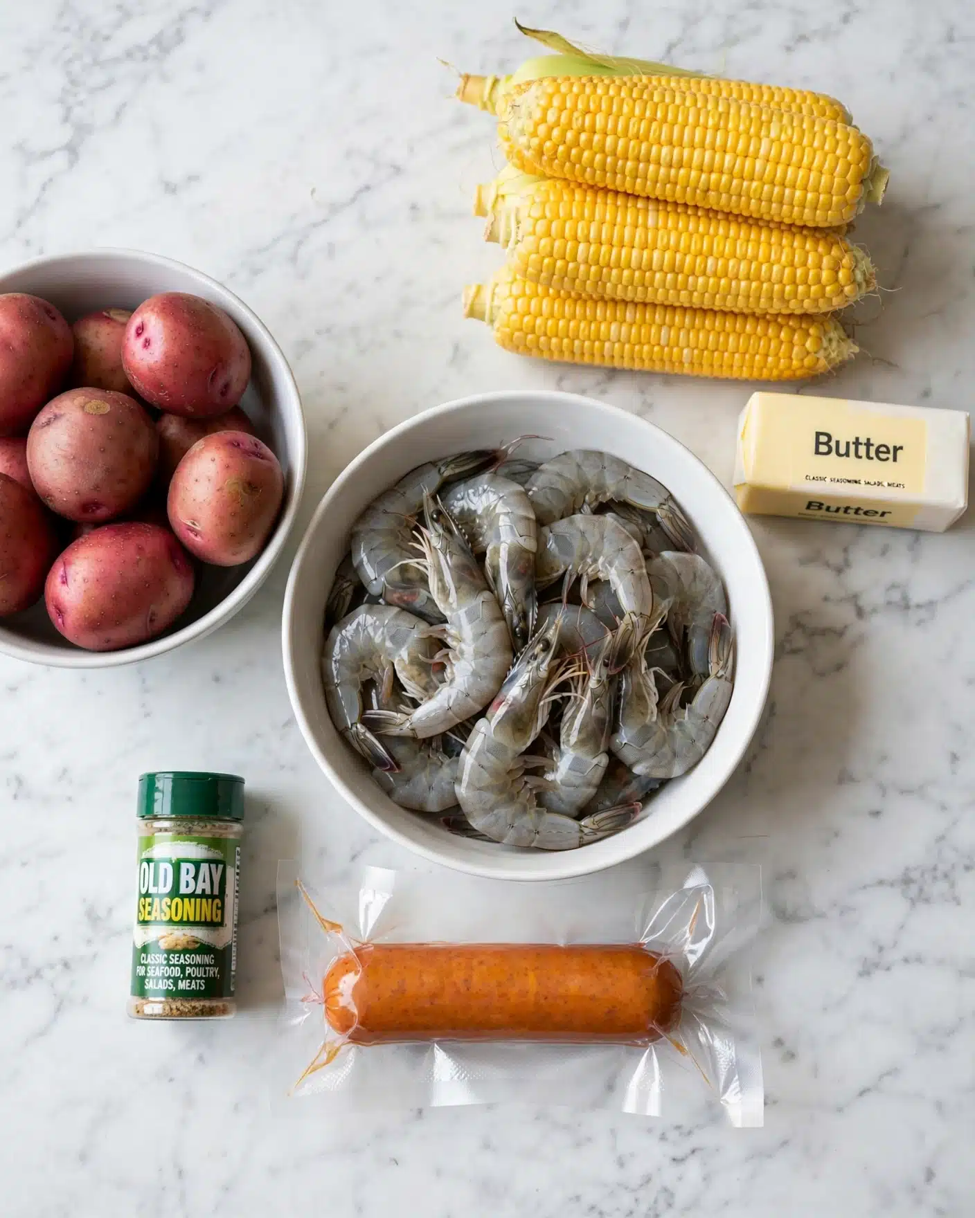 Savory Seafood Foil Packets with Old Bay Recipe 4 Square image A white bowl filled with raw gray shrimp sits in the center, surrounded by red small potatoes in a white bowl on the left, bright yellow corn ears stacked on the upper right, and a white rectangular stick of butter labeled