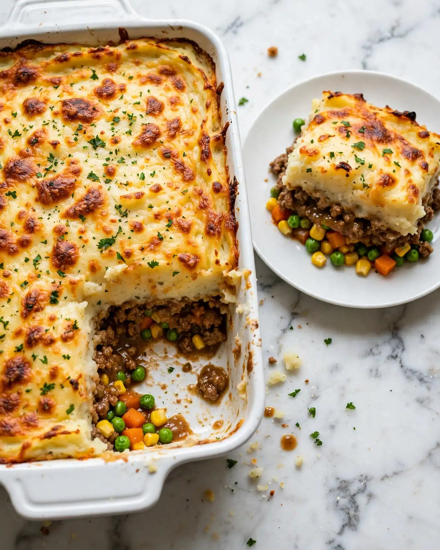 Square image The image shows a white baking dish of shepherd's pie with a piece missing, revealing three layers inside: a bottom layer of cooked mixed vegetables including green peas, yellow corn, and orange carrots; a middle layer of cooked ground meat with a brown, slightly saucy texture; and a top layer of creamy mashed potatoes covered with melted golden cheese that is lightly browned and bubbly, sprinkled with small green herb pieces. Next to the dish is a white plate holding the removed piece of shepherd's pie showing the same layered structure. The dish and plate sit on a white marbled texture surface. photo taken with an iphone --ar 4:5 --v 7