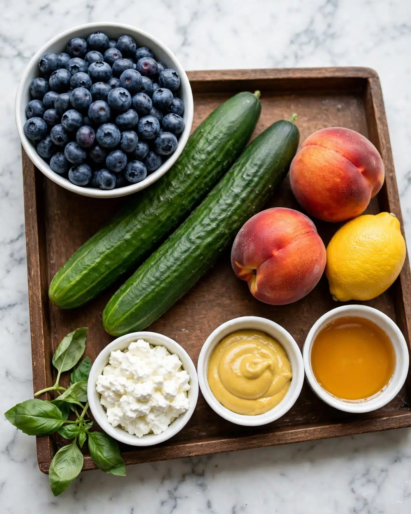 Square image The image shows a white bowl full of fresh blueberries placed on the top left of a brown tray. Around it, there are fresh cucumbers, two peaches with a reddish-orange skin, a bright yellow lemon, and small white bowls with cottage cheese, smooth mustard, and honey. Fresh green basil leaves add a pop of color near the front left side. All the items rest on a white marbled surface that acts as the background. The photo taken with an iphone --ar 4:5 --v 7