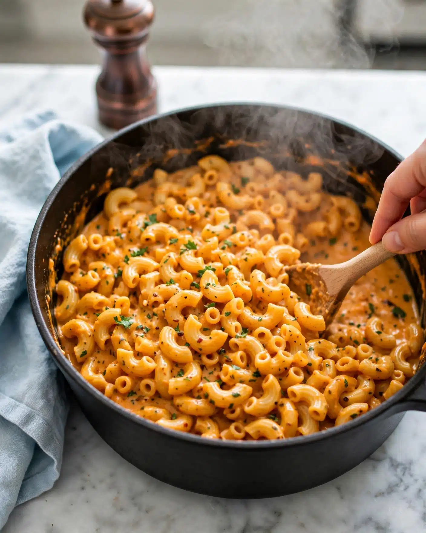 Square image A black pot filled with cooked elbow macaroni pasta mixed in a rich, orange-colored sauce with small bits of herbs and spices visible throughout. A woman's hand holding a wooden spoon is stirring the pasta from the right side, and some steam is rising from the warm dish. The pot sits on a white marbled surface with a light blue towel nearby and a dark copper pepper grinder in the background. The scene is bright and focused on the texture of the pasta and sauce. photo taken with an iphone --ar 4:5 --v 7