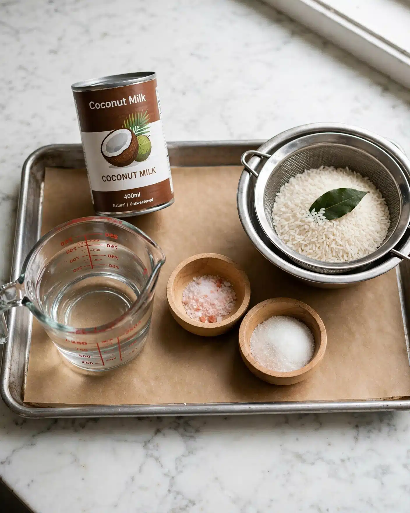 Delicious Jasmine Rice With Coconut Milk Recipe 4 Square image A metal tray with a brown paper sheet holds several items arranged neatly. On the left, there is a clear glass measuring cup filled with water with red measurement marks. Above it, a brown and white can of coconut milk with a picture of a coconut is standing upright. To the right side, two small light wooden bowls contain a pale pink salt and white sugar, placed side by side. Next to them, a silver metal strainer filled with white uncooked rice sits inside a larger silver bowl, with a single dark green leaf resting on top of the rice. The whole scene is set on a white marbled surface. photo taken with an iphone --ar 4:5 --v 7