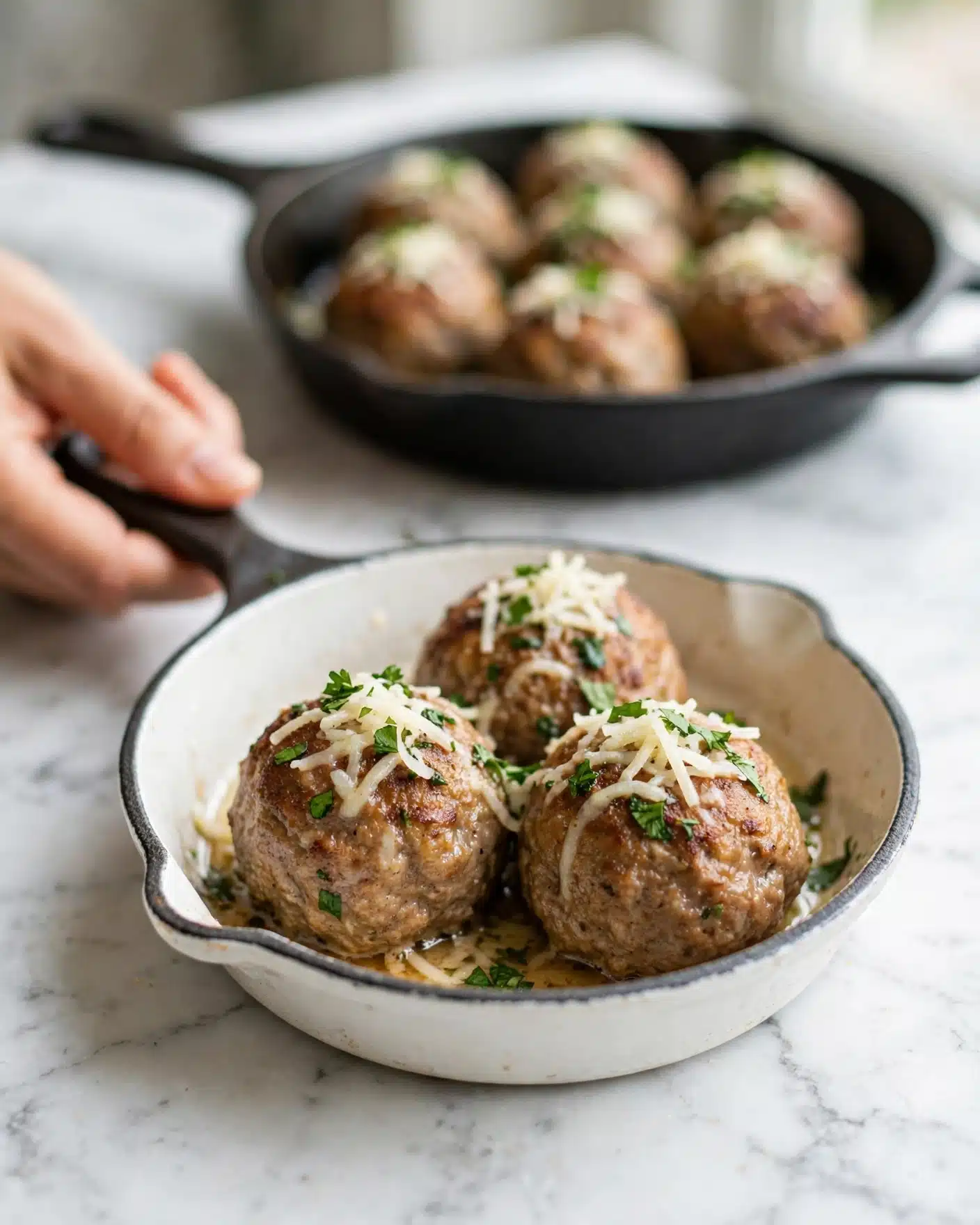 Square image The image shows a small white cast iron skillet filled with three golden-brown meatballs that look soft and juicy. Each meatball is topped with a sprinkle of shredded white cheese and small pieces of green herbs, adding a fresh touch of color on top. The skillet is placed on a white marbled surface, and in the background, there is another skillet with more meatballs slightly out of focus. A woman's hand is gently holding the skillet handle on the left side. The lighting is natural, highlighting the textures and colors of the dish. photo taken with an iphone --ar 4:5 --v 7