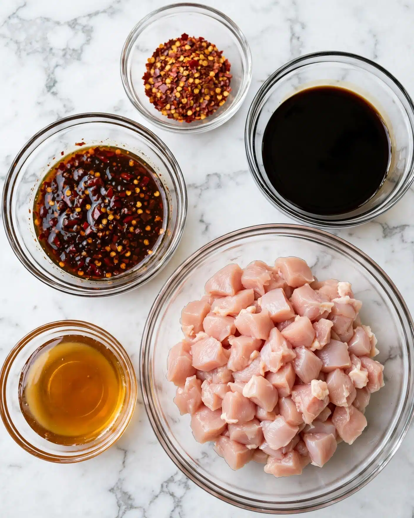 Quick and Easy Honey Chicken Recipe 4 Square image Five clear glass bowls sit on a white marbled surface. The largest bowl at the bottom right holds many small pieces of raw chicken, pale pink in color with a smooth, soft texture. Above it to the left is a medium bowl filled with a dark brown sauce mixed with red chili flakes, with a shiny, oily surface. To the right, another medium bowl contains a thick, dark soy sauce. A smaller bowl near the top center holds dry red chili flakes, bright red with bits of yellow seeds. At the bottom left is a small bowl filled with a light amber liquid that looks like honey or syrup, smooth and shiny. All bowls are clear glass, and the scene is brightly lit. Photo taken with an iphone --ar 4:5 --v 7