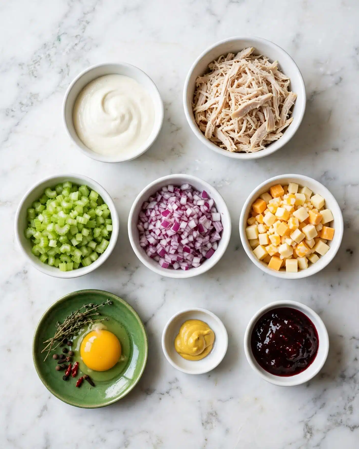 Square image The image shows seven small white bowls arranged on a white marbled surface, each filled with different ingredients. In the top right bowl, there is shredded chicken in light beige color. Next to it on the left, a bowl contains white creamy sauce. Below these, there are bowls with finely chopped celery in light green, finely chopped red onion, a mix of diced yellow and white cheese, and a dark red berry jam or sauce. In the bottom left, a small green plate holds a few spices and an egg yolk, while a tiny white bowl in the center contains a dollop of yellow mustard. The ingredients are neatly arranged and look fresh and ready to be used for cooking. photo taken with an iphone --ar 4:5 --v 7