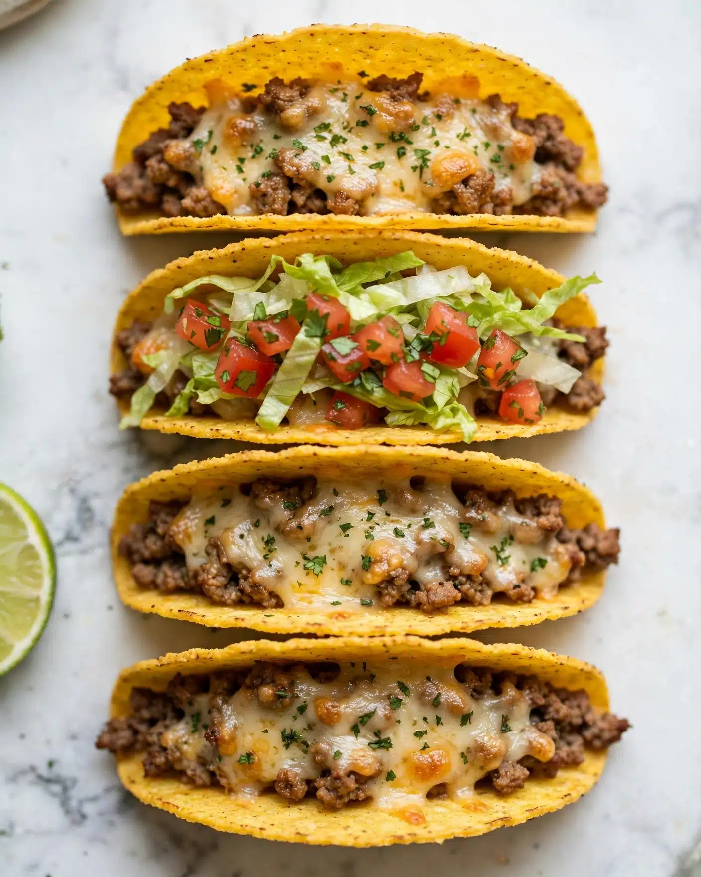 Easy Homemade Ground Meat Tacos Recipe 5 Square image This image shows four yellow corn taco shells arranged side by side on a white marbled surface, filled with layers of cooked ground meat topped with melted light brown cheese sprinkled with small bits of green herbs. The second taco from the top has an extra colorful layer of finely shredded light green lettuce mixed with diced red tomatoes and bits of herbs on top, creating a fresh contrast. To the left, there is a lime wedge partially visible, adding a hint of citrus. The texture is a mix of melted cheese, soft meat, and crunchy taco shells. Photo taken with an iphone --ar 4:5 --v 7