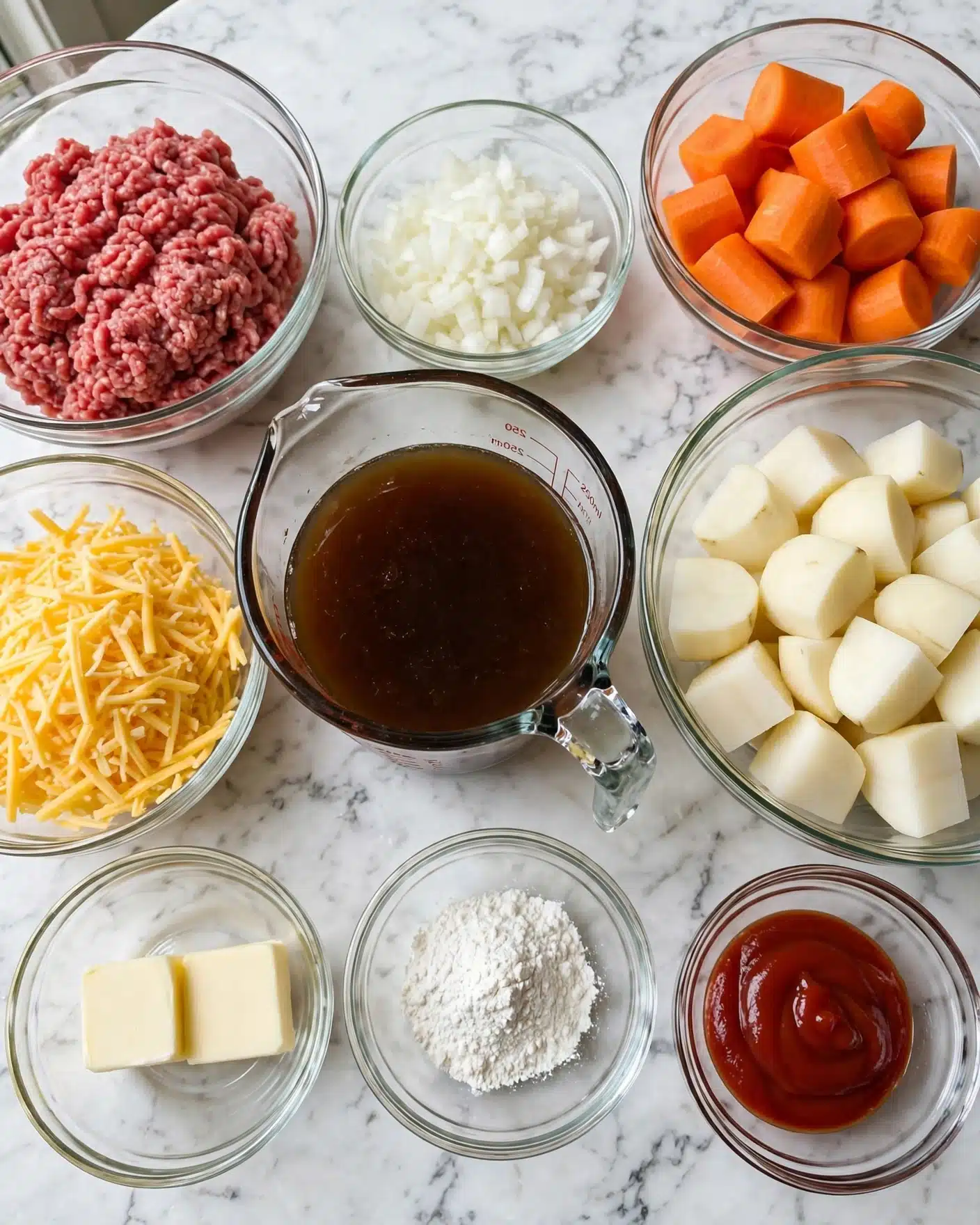 Square image The image shows nine glass bowls and containers placed on a white marbled surface. The largest bowl on the right is filled with peeled and chopped white potatoes. Above it, a medium bowl holds thick, bright orange carrot chunks. To the left of the carrots, a smaller bowl contains finely chopped white onions. On the far left, another medium bowl is filled with raw ground meat, reddish-pink in color. Below it, a bowl is filled with shredded yellow cheddar cheese. In the center, a glass measuring cup contains a dark brown liquid, possibly broth. Below it, two small bowls hold a square of pale butter and a small pile of white flour. Another small bowl holds a red sauce, likely ketchup. All items are arranged neatly on the white marbled surface, taken with an iphone --ar 4:5 --v 7