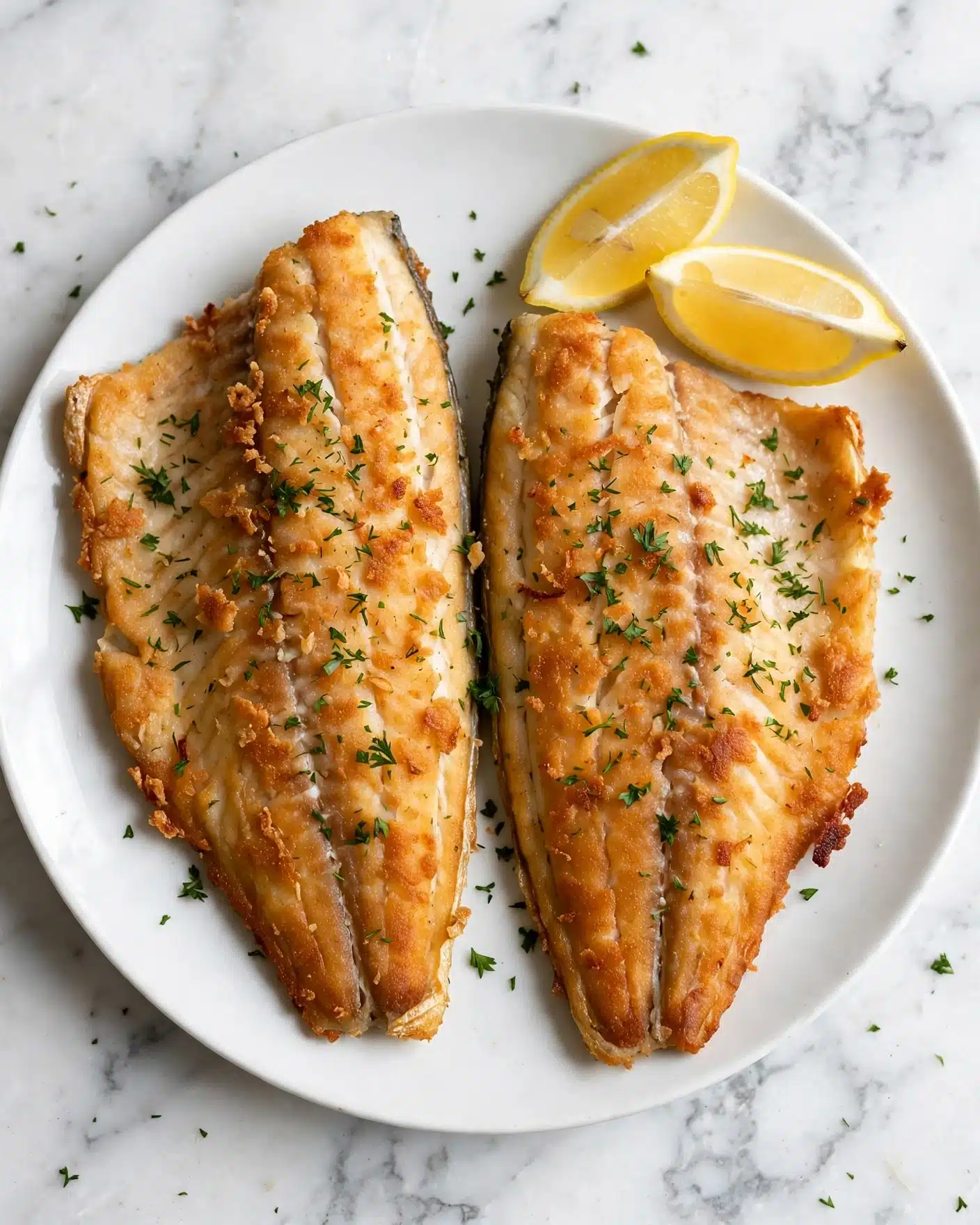 Square image The image shows two golden brown fish fillets on a white plate, with a slight crisp texture on the surface. The fillets are sprinkled with small green herbs finely chopped and are positioned side by side, covering most of the plate. On the top right of the plate, there are two lemon wedges with a fresh yellow color. The plate is placed on a white marbled surface. Photo taken with an iphone --ar 4:5 --v 7