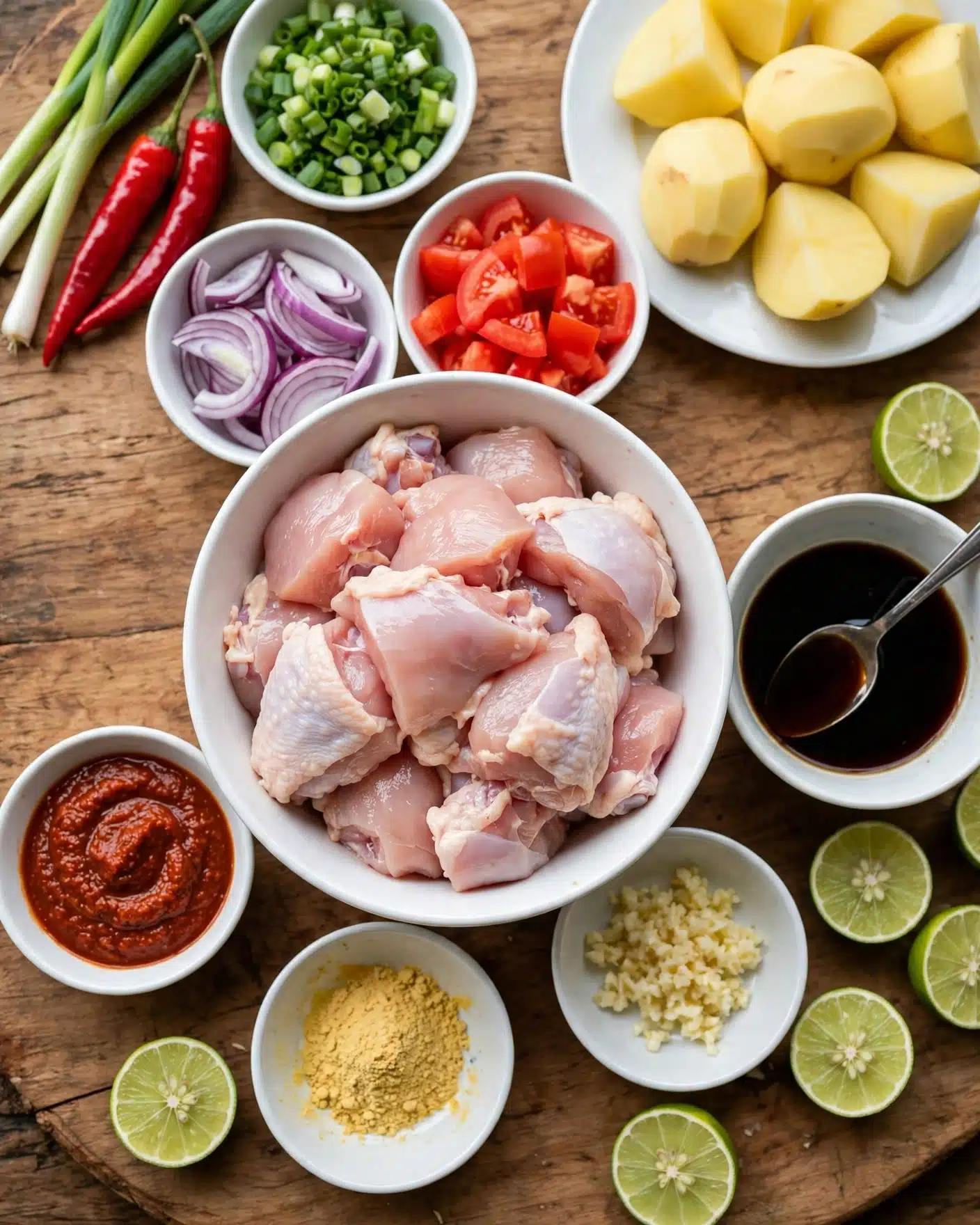 Square image A white bowl filled with raw chicken pieces sits on a wooden surface, surrounded by several small white bowls and a white plate holding bright ingredients. To the top left, a few green stalks and two red chili peppers lie next to a white bowl with cut green onions. Near the center, there is a white bowl with purple onions, next to another with chopped red tomatoes. A white plate at the top right holds large chunks of pale yellow potatoes. Small bowls with a reddish sauce, light yellow powder, and minced garlic are spread around. A spoon rests in a white bowl filled with a dark soy-like sauce on the right side, with fresh lime halves around the edges. Photo taken with an iphone --ar 4:5 --v 7