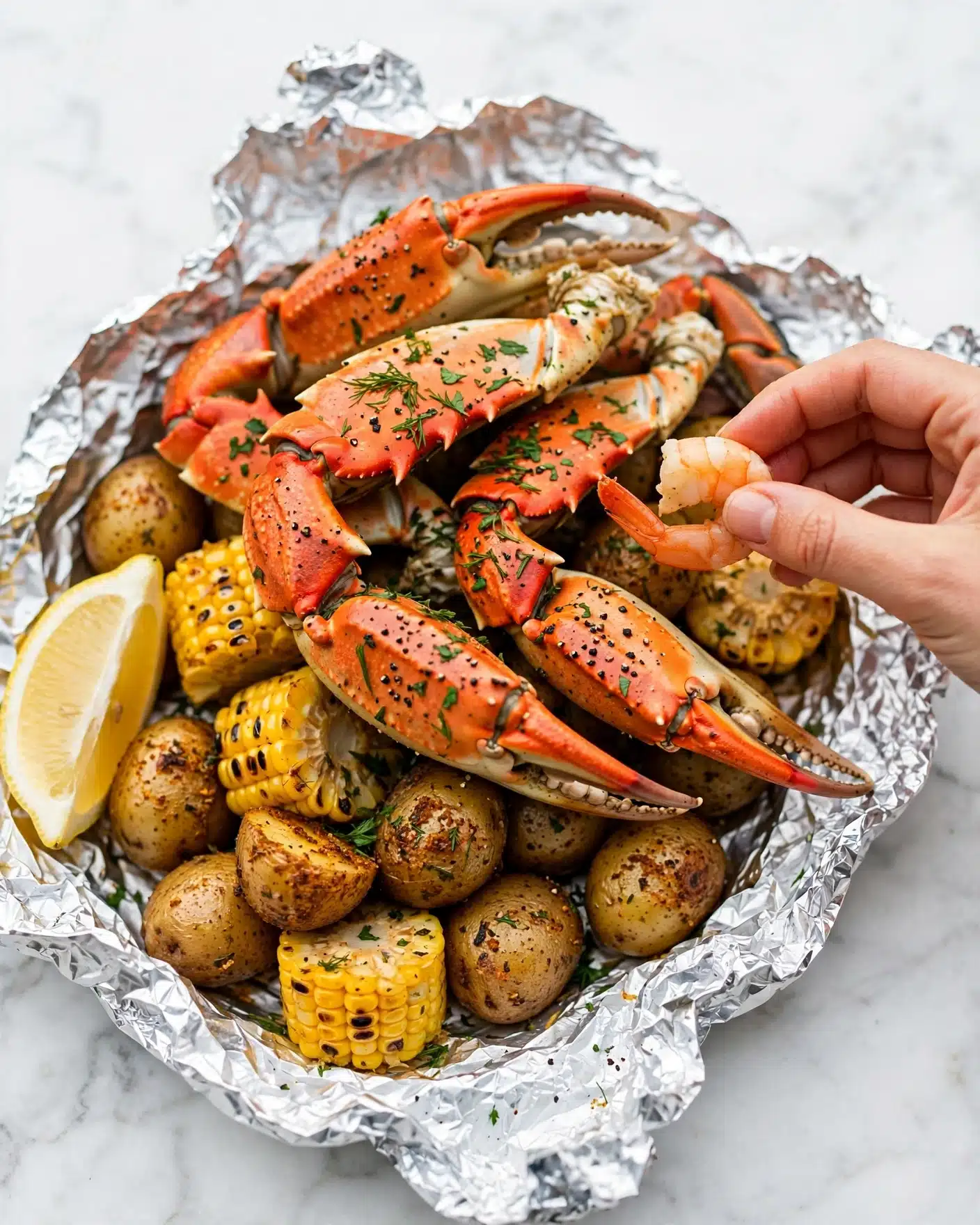Savory Seafood Foil Packets with Old Bay Recipe 5 Square image The image shows a seafood feast served on crumpled aluminum foil placed over a white marbled surface. There are several layers visible: at the bottom is a bed of seasoned small potatoes and chunks of corn on the cob, both yellow with a slight char. On top, there are large pieces of cooked crab claws with a bright orange-red shell, sprinkled with green herbs and black pepper. A wedge of lemon with a pale yellow color sits on the side. A woman's hand holding a seafood piece is coming from the right side. The whole image has a bright, fresh look. Photo taken with an iphone --ar 4:5 --v 7