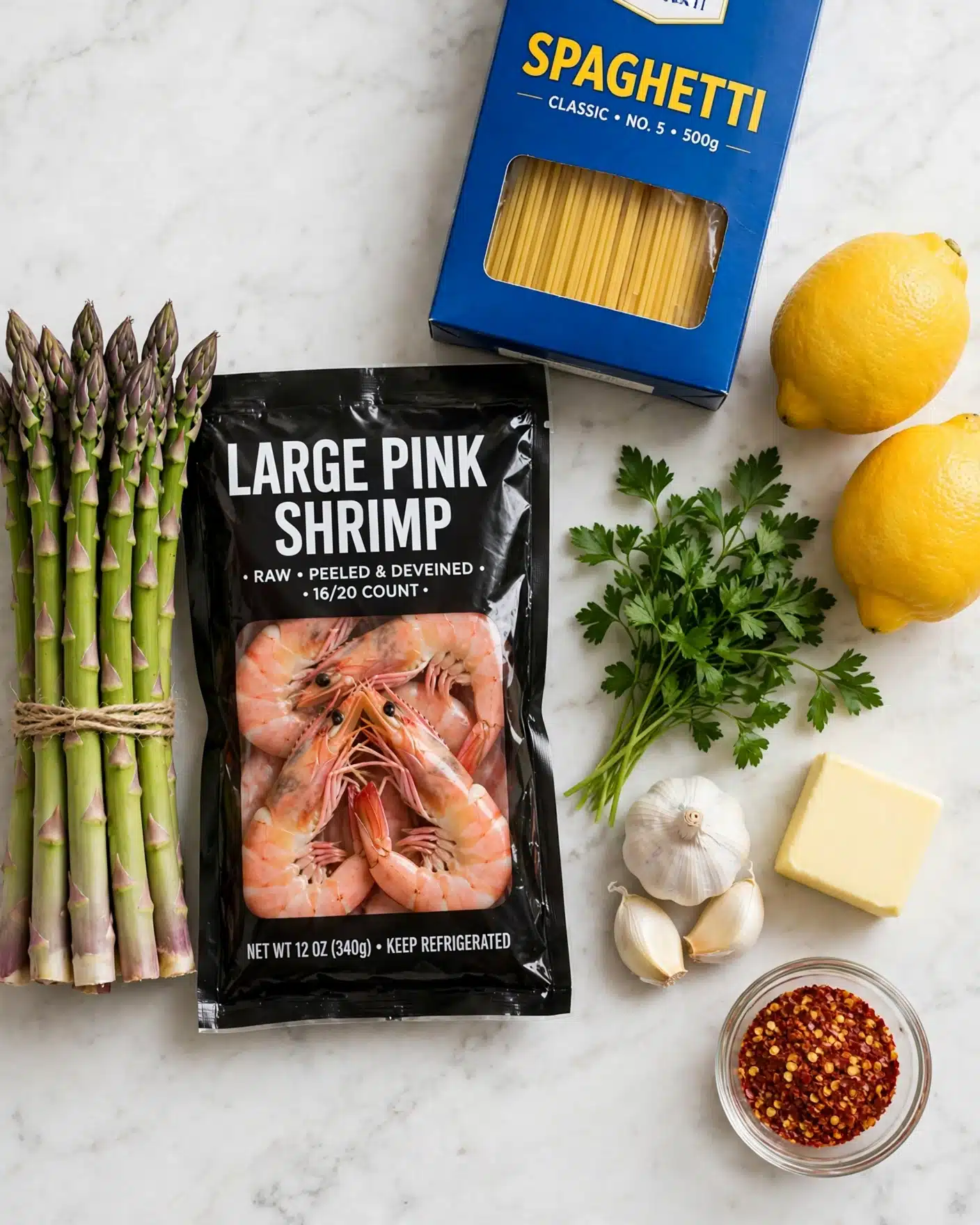 Square image A bundle of fresh green asparagus with purple tips lies on the left side, next to a black package of large pink shrimp. To the right, there are two bright yellow lemons, a bunch of green parsley with delicate leaves, and three white garlic cloves, some peeled, resting close to a small block of butter. Above these, a blue box of spaghetti pasta with yellow uncooked strands visible through a window is placed. A small clear glass bowl filled with red chili flakes is also visible on a white marbled surface photo taken with an iphone --ar 4:5 --v 7
