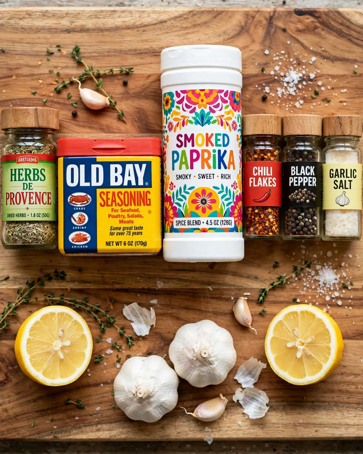 Tasty Cajun Garlic Butter Sauce for Seafood Boils Recipe 4 Square image The image shows a wooden cutting board filled with various spice containers and seasonings arranged around it. There are five main seasoning containers: one with a green and red label beside a blue container labeled Old Bay, then a larger white container with a colorful label, followed by three smaller spice jars. Scattered around the board are halved yellow lemons and two white garlic bulbs. The overall look is colorful with reds, yellows, blues, and whites contrasting the natural wood surface. photo taken with an iphone --ar 4:5 --v 7