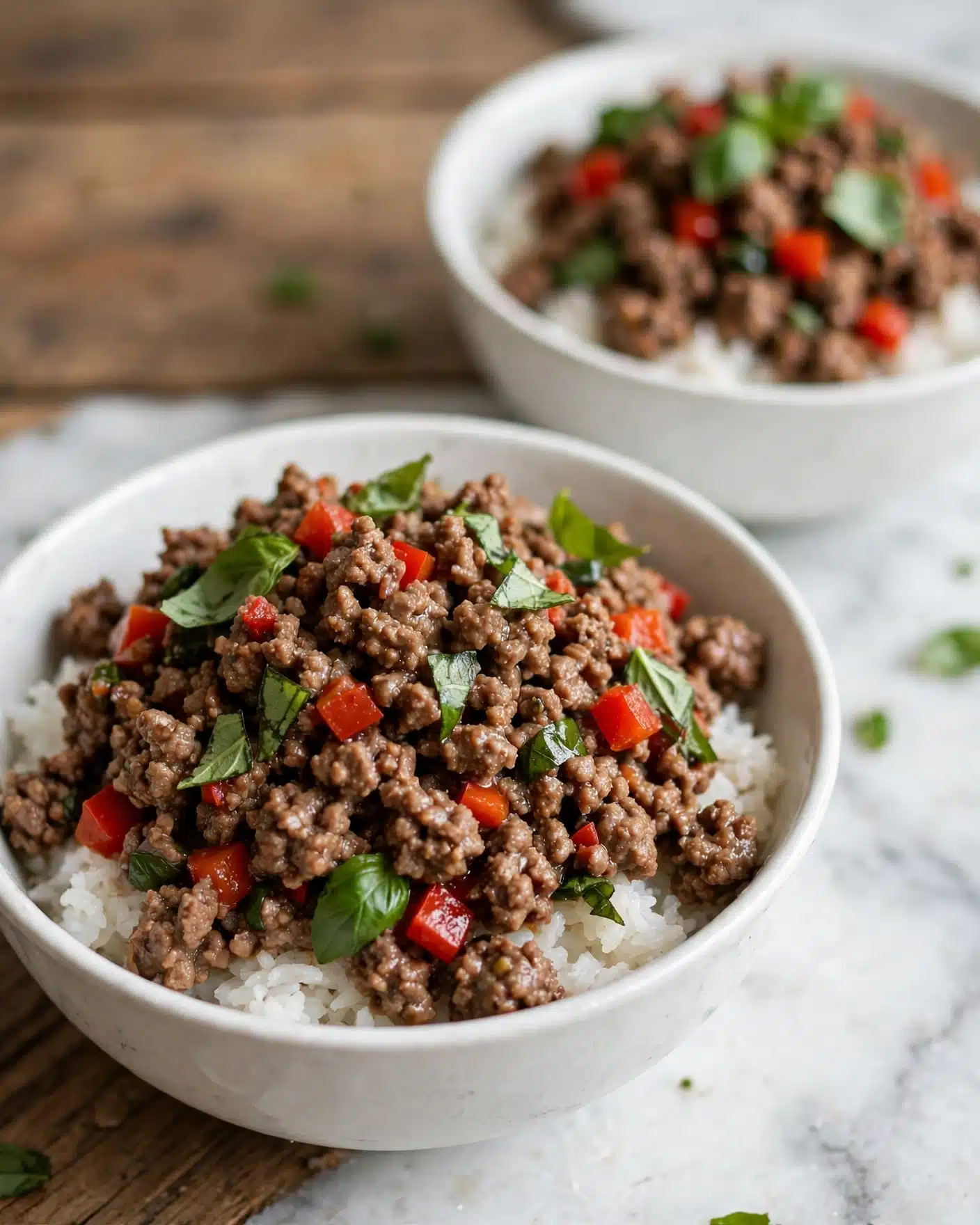 Square image A white bowl filled with a base layer of plain white rice, topped with a thick layer of ground meat cooked with small red bell pepper pieces and fresh green basil leaves scattered throughout. The meat looks moist and slightly chunky, mixed evenly with the vegetables. In the background, there is another white bowl with the same dish, slightly out of focus. The bowl is set on a wooden table with a white marbled surface visible around it. Photo taken with an iphone --ar 4:5 --v 7