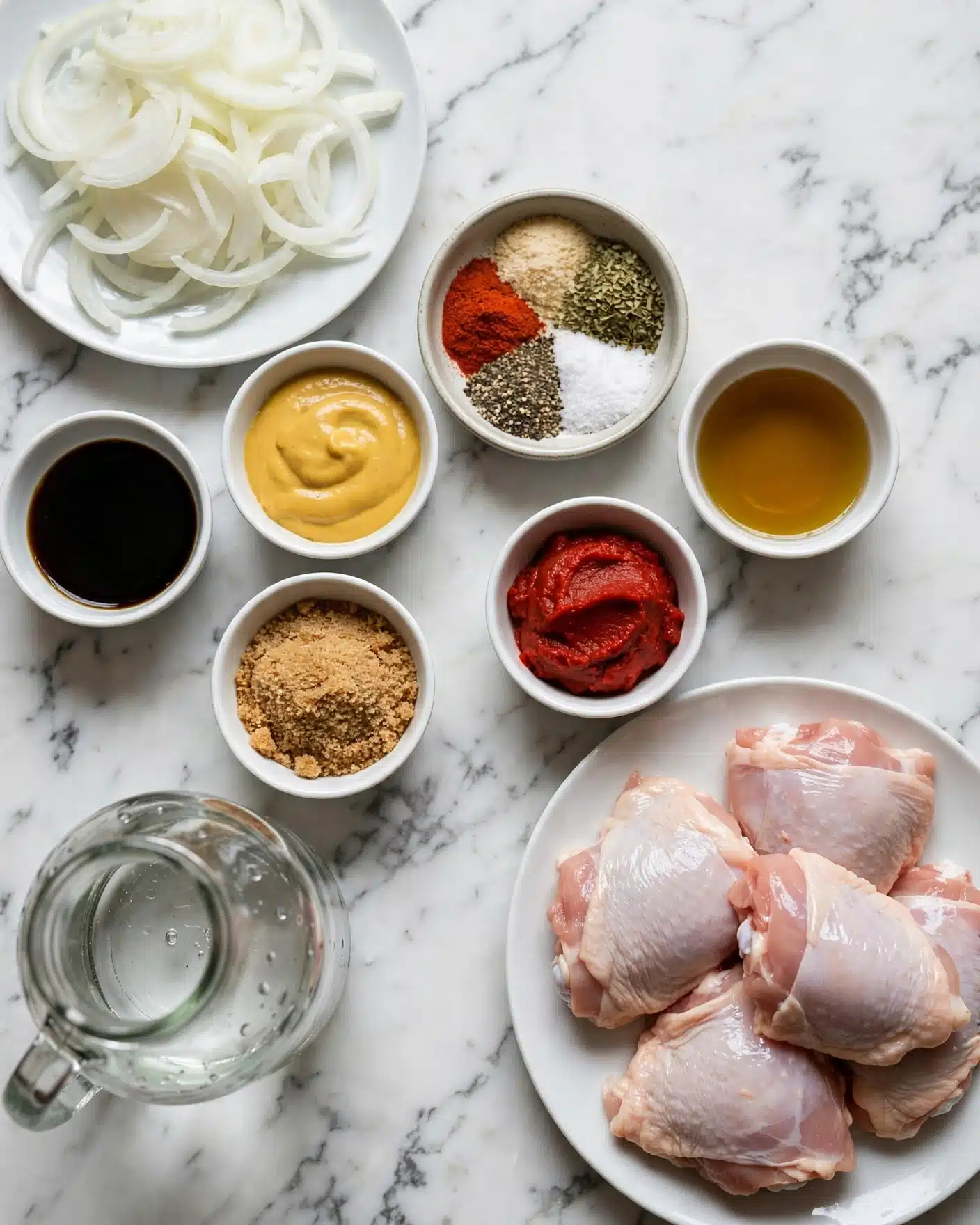 Square image A white plate on the bottom right holds several pieces of raw chicken thighs, light pink with some white fat and skin. To the top left, a white plate is filled with thinly sliced white onions, soft and slightly translucent. Around these plates are small white and ceramic bowls: one with thick, smooth yellow mustard sauce; one with dark soy sauce; one with light brown sugar; one with a mix of spices including reddish paprika, beige garlic powder, dried green herbs, black pepper, and white salt, neatly divided; one with a light amber liquid, possibly oil; and one with bright red tomato paste. A clear glass jug with water is placed near the bottom left. All items are arranged on a white marbled surface. photo taken with an iphone --ar 4:5 --v 7
