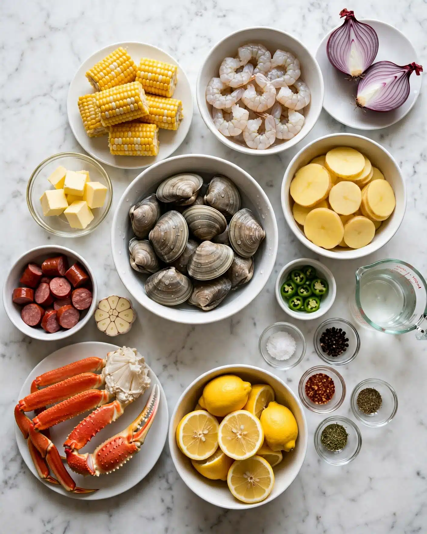 Square image The image shows many cooking ingredients neatly arranged on a white marbled surface. In the center are fresh clams in a white bowl, surrounded by peeled shrimp in another white bowl to the top right, and red onions cut into halves on a white plate nearby. Corn on the cob pieces form a pile on a white plate, and cubed butter is placed in a small clear bowl. A white bowl holds sliced yellow potatoes to the right, while a smaller white bowl nearby contains sliced green chili peppers. Bright yellow lemon halves fill another white bowl at the bottom center. Red sliced sausage pieces are in a white bowl beside a halved garlic bulb. Thick red crab legs lie on a white plate at the bottom left. Various seasonings and sauces in small glass bowls and a measuring cup with clear liquid complete the setting. Photo taken with an iphone --ar 4:5 --v 7