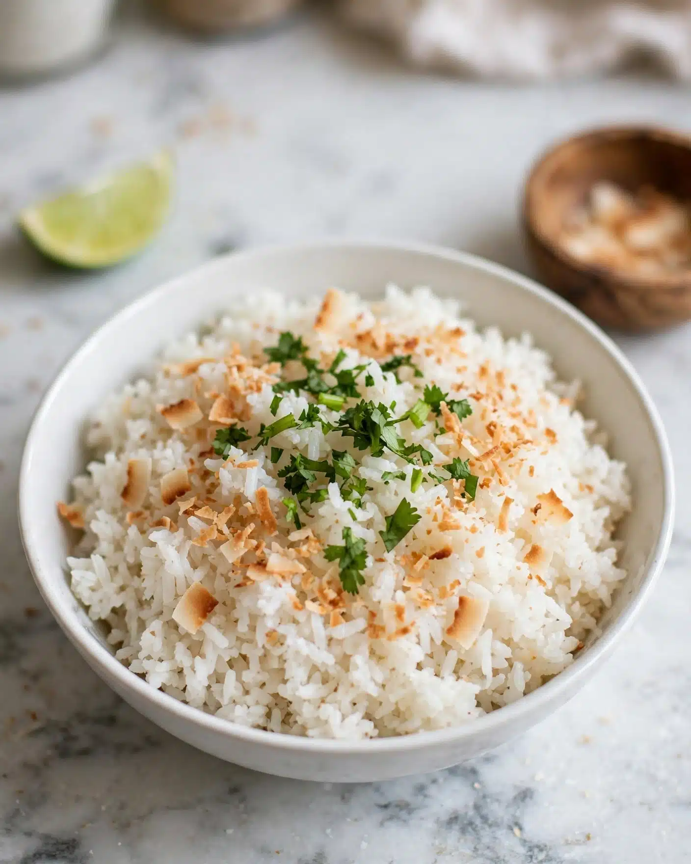 Delicious Jasmine Rice With Coconut Milk Recipe 5 Square image The image shows a bowl full of white, fluffy cooked rice topped with small green herbs and light brown toasted coconut flakes scattered across the surface. The rice grains are soft and separate, forming a thick layer at the bottom of the white bowl. The green herbs add a fresh touch of color mainly in the middle area of the rice. The bowl is placed on a white marbled surface with some blurred objects around it, including a lime slice on the left and a small wooden bowl on the right. Photo taken with an iphone --ar 4:5 --v 7