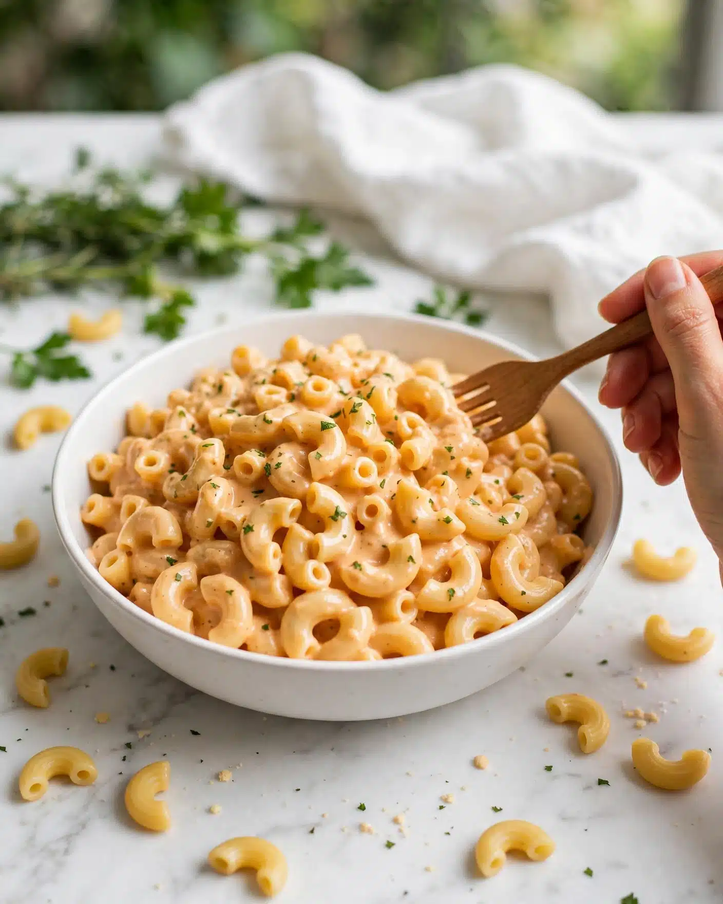 Quick and Easy Taco Mac and Cheese Recipe 5 Square image The image shows a white bowl filled with creamy macaroni pasta mixed with a light orange sauce. The pasta is small elbow-shaped macaroni, well coated in the smooth sauce, with bits of green herbs sprinkled on top. The bowl sits on a white marbled surface, with some scattered pasta pieces around it, adding a casual feel. In the background, there is some green leafy herbs and white cloth, creating a fresh and clean setting. A woman's hand is visible holding a wooden fork focused on the bowl. photo taken with an iphone --ar 4:5 --v 7