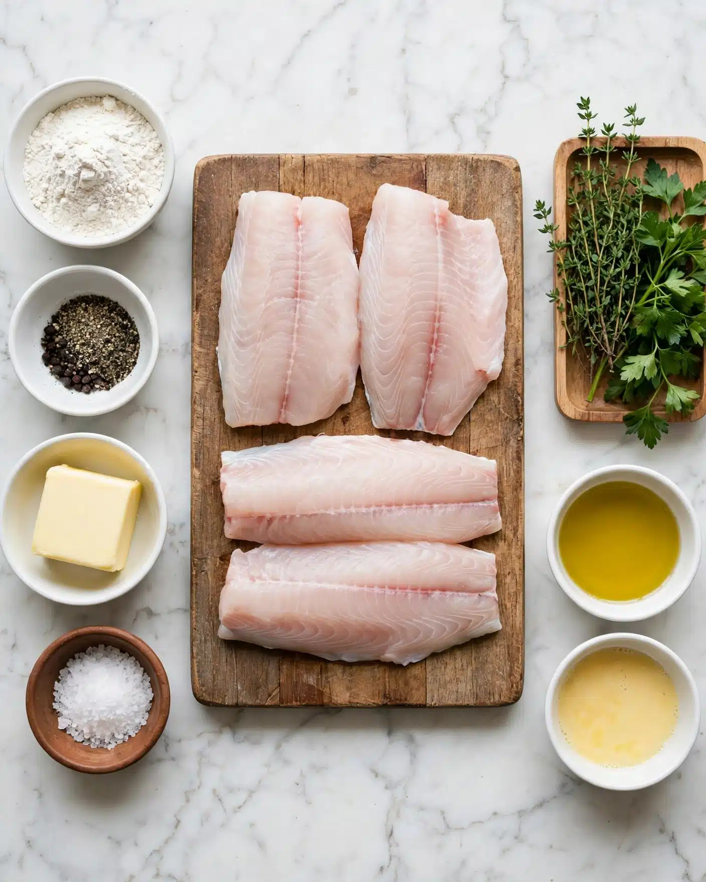 Square image The image shows a wooden cutting board placed on a white marbled surface. On the board, there are four raw fish fillets stacked in two rows, with light pinkish-white flesh and a smooth texture. To the left of the board, there are three white ceramic bowls arranged vertically, containing white flour, black pepper, and a block of butter respectively. Below these bowls is a small brown bowl with coarse salt. On the right side of the board, there is a small wooden tray holding fresh green thyme and parsley herbs. Below this tray, two white bowls sit side by side, one with a light golden liquid and the other with a pale yellow liquid. Photo taken with an iphone --ar 4:5 --v 7