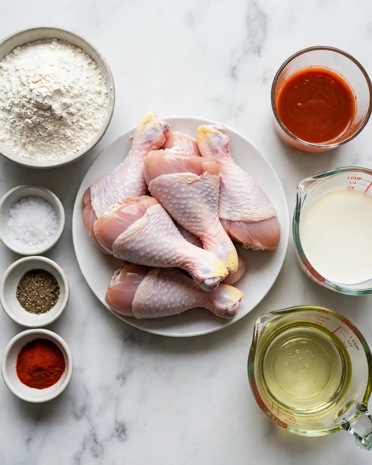 Square image The image shows raw chicken drumsticks stacked in a white plate on a white marbled surface. To the left, a bowl holds a mound of white flour beside small bowls with coarse sea salt, ground black pepper, and bright red paprika. On the right side, a clear glass cup stands filled with a reddish sauce, and a measuring cup holds creamy white buttermilk. Below these, another measuring cup contains clear cooking oil. All items are neatly arranged, highlighting fresh ingredients for cooking fried chicken. Photo taken with an iphone --ar 4:5 --v 7