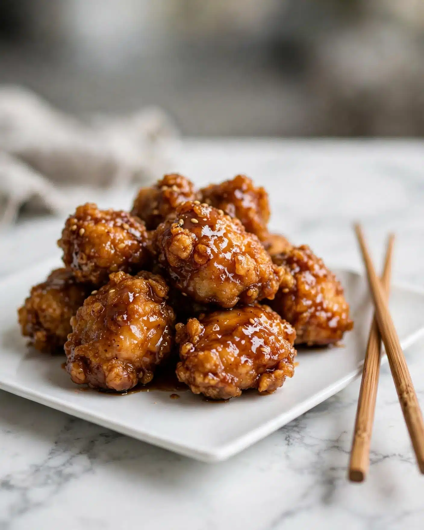 Square image The image shows a small pile of crispy fried chicken pieces with a shiny brown sauce coating on a white square plate. The chicken pieces are golden and crispy with a sticky and glossy texture from the sauce. The plate sits on a white marbled surface, and a pair of wooden chopsticks rests on the right side of the plate. The background is softly blurred, focusing attention on the juicy chicken. photo taken with an iphone --ar 4:5 --v 7