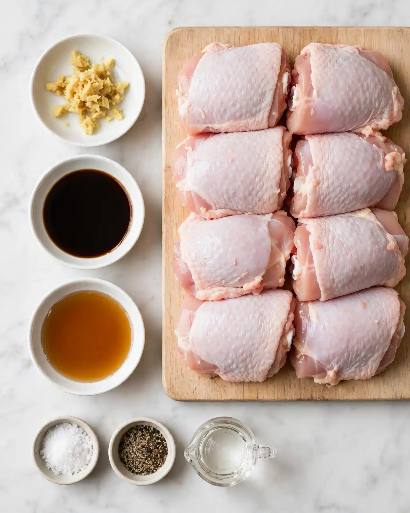 Square image The image shows eight raw chicken thighs with pale pink skin stacked neatly in two rows on a light wooden cutting board. To the left, three small round white bowls hold minced ginger (top), dark soy sauce (middle), and a light brown liquid that looks like honey or syrup (bottom). Below, there are three small round containers in a row containing coarse white salt, cracked black pepper, and a clear liquid in a tiny glass pitcher. All items are arranged on a smooth white marbled background. Photo taken with an iphone --ar 4:5 --v 7
