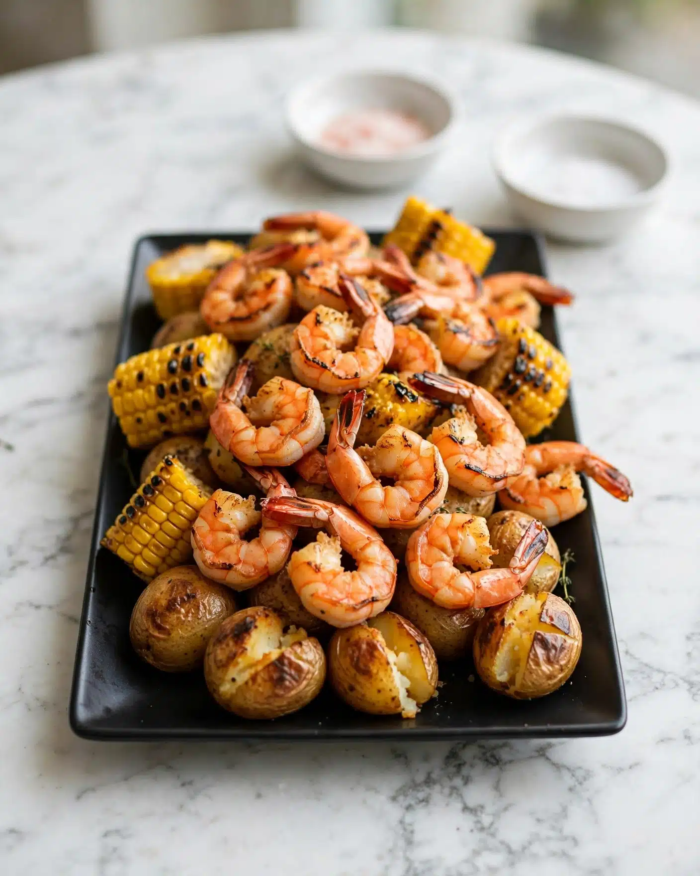 Tasty Cajun Garlic Butter Sauce for Seafood Boils Recipe 5 Square image The image shows a black rectangular plate filled with grilled shrimp, corn, and potatoes on a white marbled surface. The bottom layer has small round potatoes with a golden brown grilled texture, some slightly split. On top of the potatoes, there is a generous pile of orange-pink grilled shrimp with visible char marks and curled tails. Among the shrimp, there are chunky pieces of bright yellow grilled corn with dark grill lines. In the background, there are two small white bowls, one with a pale pink salt and another with white seasoning. The overall look is warm and fresh. Photo taken with an iphone --ar 4:5 --v 7