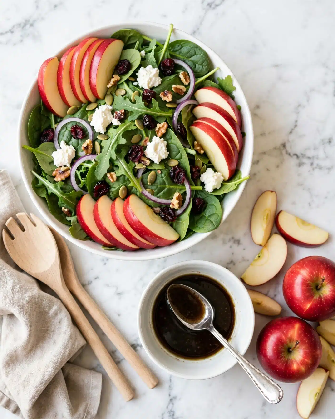 Square image A white bowl filled with a fresh salad on a white marbled surface, showing a layer of green spinach and arugula leaves as the base, topped with thin slices of red apple placed in groups on three sides. Scattered on top are small dollops of white cheese, dark dried cranberries, and thin rings of purple onion. Small pieces of brown nuts and light green pumpkin seeds add texture across the salad. Nearby, a white bowl with dark dressing and a silver spoon, two whole red apples, some apple slices, a beige cloth napkin, and two light wooden salad spoons complete the scene. Photo taken with an iphone --ar 4:5 --v 7