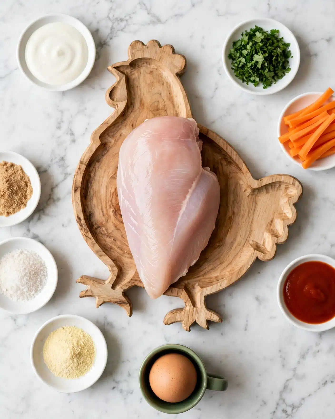 Square image The image shows an overhead view of several ingredients neatly arranged on a white marbled surface. At the center is a large raw chicken piece with a pale pink color, placed on a wooden board shaped like a chicken. Surrounding the chicken are small white dishes holding various ingredients: a creamy white sauce in a small bowl, chopped green herbs, thin orange carrot sticks, a rich red sauce, a light brown egg in a green cup, and other powders and granules in tiny white containers. The arrangement is clean and organized, highlighting the fresh and colorful elements that will be used in cooking. photo taken with an iphone --ar 4:5 --v 7