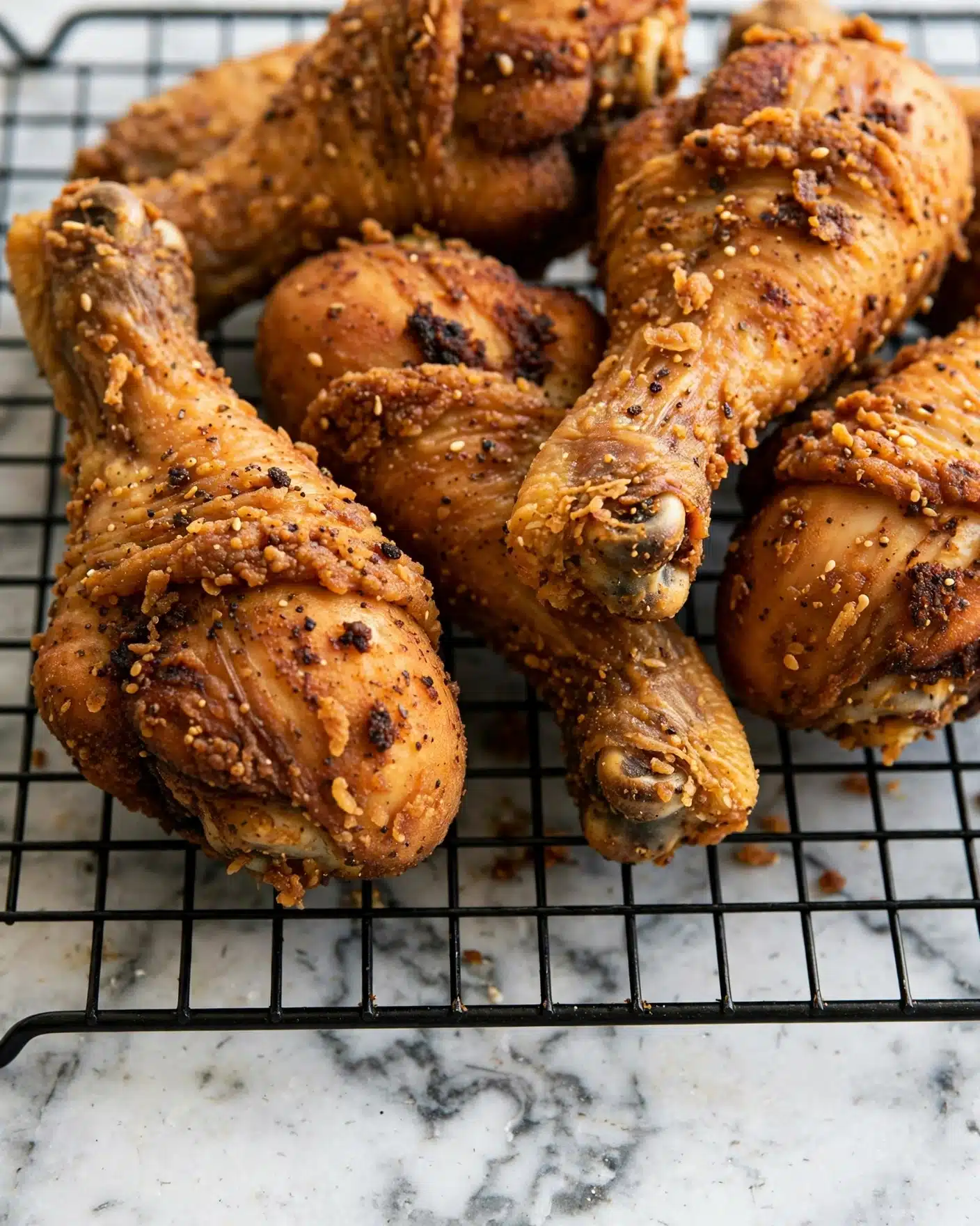 Square image Several fried chicken drumsticks with a deep golden brown color and a crispy, textured coating sit on a black wire cooling rack. The drumsticks have uneven, crunchy surfaces with darker spots indicating crispiness. The background beneath the rack is a white marbled texture, and the close-up view focuses on the rich, warm tones of the fried chicken. The image captures a rustic and appetizing look, showcasing the crunchy and well-seasoned skin of the drumsticks. photo taken with an iphone --ar 4:5 --v 7