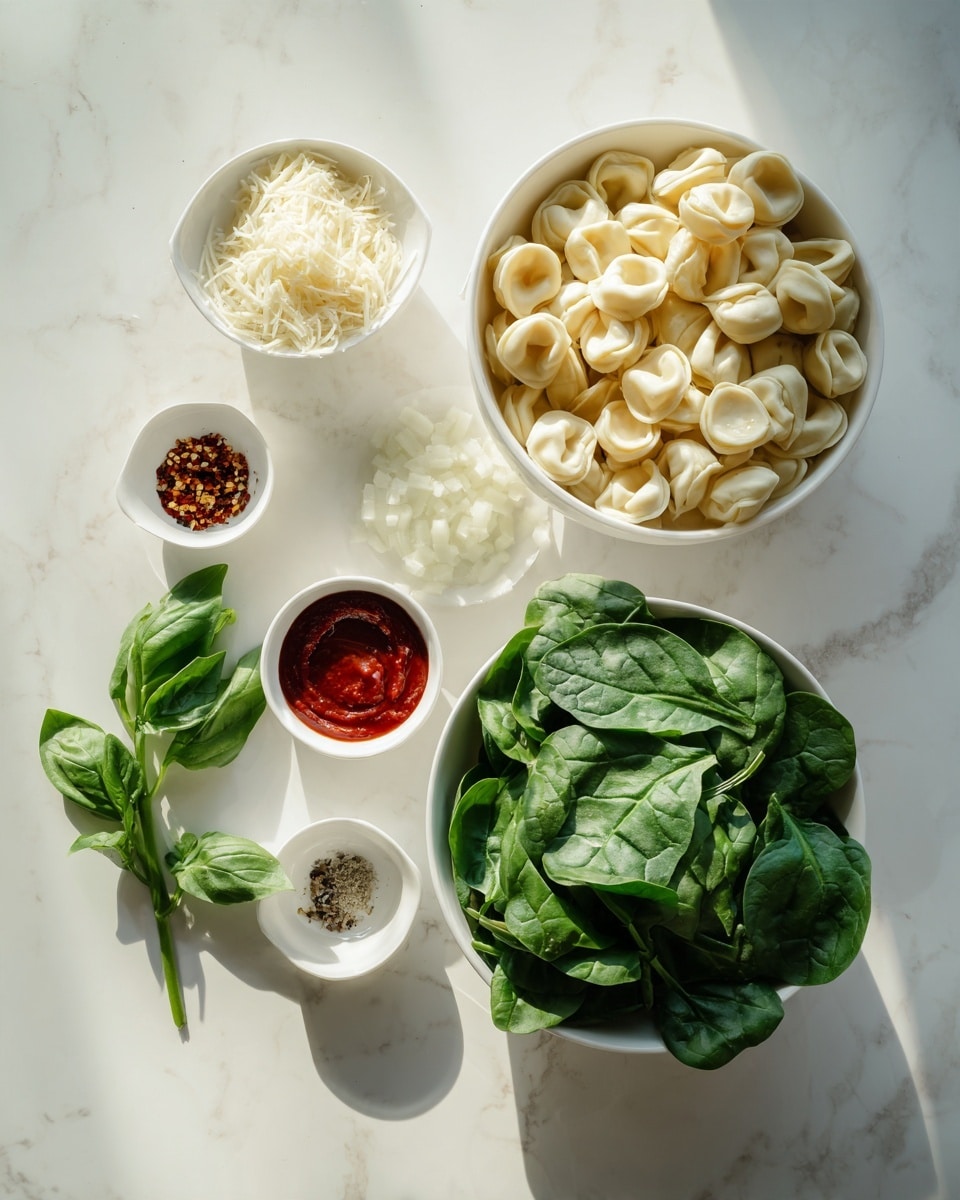 The image shows a white bowl filled with fresh green spinach leaves on the right side and a smaller white bowl with uncooked tortellini pasta on the left side. In the middle, there is a small pile of chopped white onions, a small white bowl of grated cheese, and a few small white bowls containing minced garlic, red pepper flakes, a clear liquid (likely olive oil), and a thick red sauce. A small bunch of fresh basil leaves is placed near the center. The surface is a white marbled texture with bright natural light and soft shadows. photo taken with an iphone --ar 4:5 --v 7