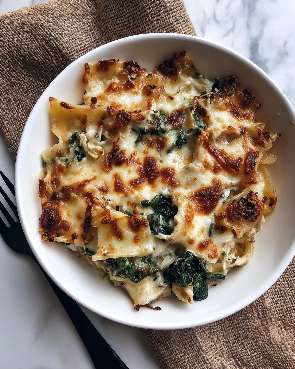 The image shows a close-up of a white bowl filled with a creamy baked pasta dish. The top layer is golden brown melted cheese with browned spots, melted evenly across the surface with some darker crispy edges. Under the cheese, there are visible pieces of wilted green leafy vegetables mixed with the pasta, which appears to be wide flat noodles coated in a thick creamy sauce. The bowl is placed on a white marbled surface next to a black fork on the left side, and part of the burlap textured fabric is visible behind the bowl. photo taken with an iphone --ar 4:5 --v 7