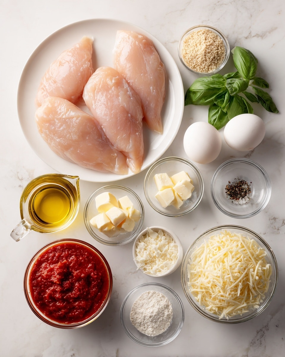 A white plate holds four raw pink chicken fillets, placed on the left side of the image on a white marbled surface. To the right, there are eleven clear glass bowls arranged neatly: the top left bowl contains light beige breadcrumbs, next to it is a small bunch of fresh green basil leaves, and below that is a bowl with two white eggs. Below the eggs are small bowls of cubed white butter, shredded white cheese, and a tiny bowl of black pepper. At the bottom left, a clear glass measuring cup holds golden olive oil, next to a bowl of thick red tomato sauce. On the right center are bowls of grated pale yellow cheese, white flour, a small amount of light yellow vinegar, and white salt, all displayed clearly and neatly on the smooth white marbled surface photo taken with an iphone --ar 4:5 --v 7
