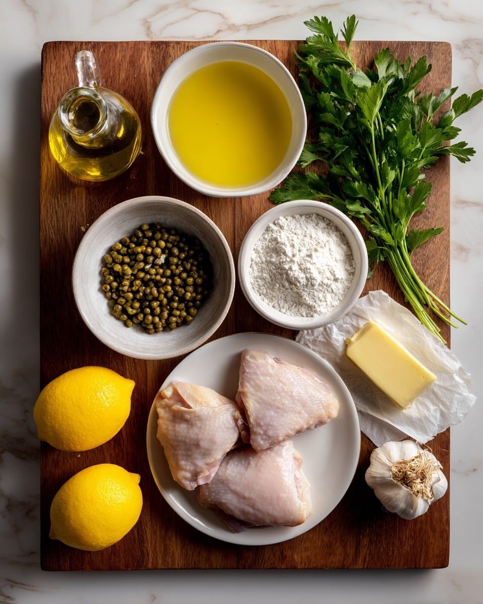 A wooden board with various ingredients neatly arranged: a small glass jug of olive oil at the top left, a clear bowl of yellow broth next to it, a white bowl filled with small green capers near the center, and a bunch of fresh green parsley on the right side. Below these, a white bowl with white flour, a garlic bulb, and a stick of yellow butter wrapped in paper are visible. Two bright yellow lemons are placed on the bottom left, and at the bottom center, there is a white plate with two raw, pale pink chicken thighs. The background is a white marbled texture. Photo taken with an iphone --ar 4:5 --v 7