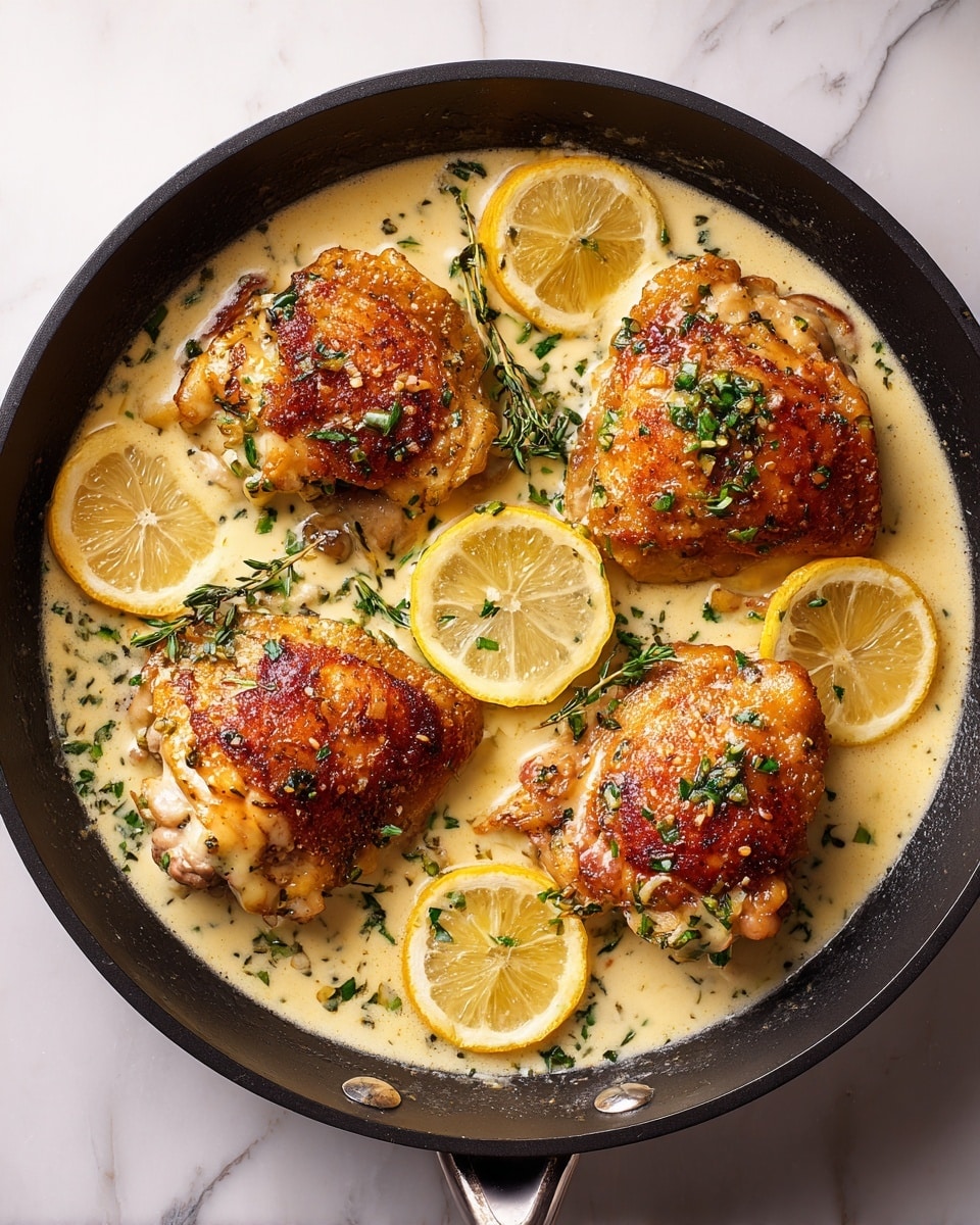 A black pan holds four golden-brown cooked chicken pieces in a creamy sauce. The sauce is light yellow with visible herbs and thin lemon slices placed around the chicken. The chicken pieces look crispy on the outside with some small green herb pieces sprinkled on top. The pan is resting on a white marbled surface. photo taken with an iphone --ar 4:5 --v 7