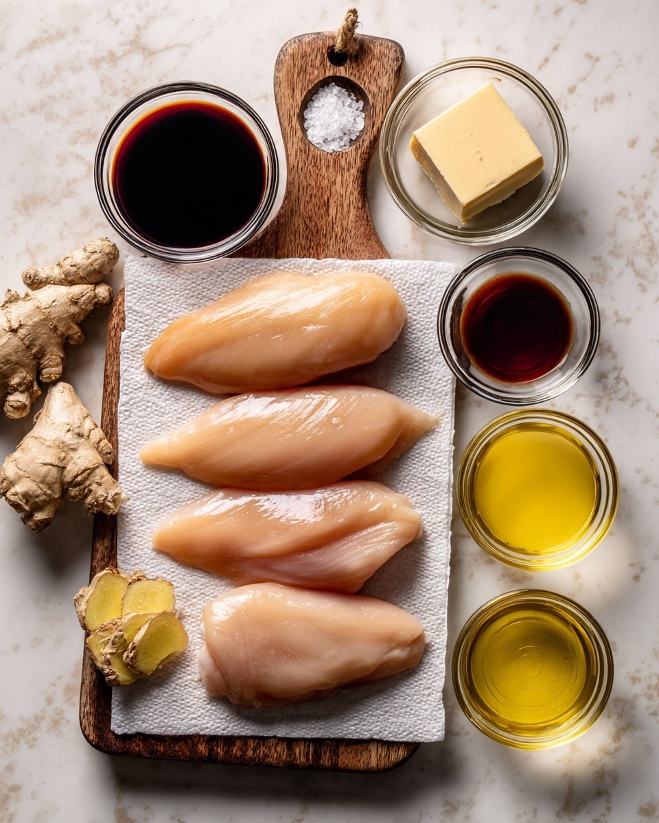 The image shows four raw chicken fillets arranged side by side on a white paper-towel-lined wooden board with a handle on the left side. Around the board are six small glass bowls containing various ingredients: a dark sauce at the top left, a beige butter cube in the center top, a dark liquid at the top right, a small pile of coarse salt next to a piece of ginger on the left side, a light yellow liquid at the right middle, and a clear liquid at the center bottom. The surfaces surrounding the ingredients have a white marbled texture. The woman's hand is not visible in this image. photo taken with an iphone --ar 4:5 --v 7