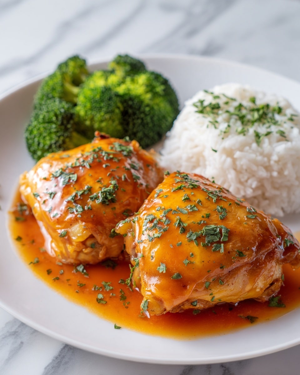 The image shows a white plate with two pieces of golden brown cooked chicken covered in a shiny orange sauce with small green herbs sprinkled on top. To one side of the chicken, there is a small pile of bright green broccoli florets, and behind the chicken, a portion of plain white rice is visible. The plate is set on a white marbled surface, and the lighting highlights the texture of the sauce and chicken skin. photo taken with an iphone --ar 4:5 --v 7