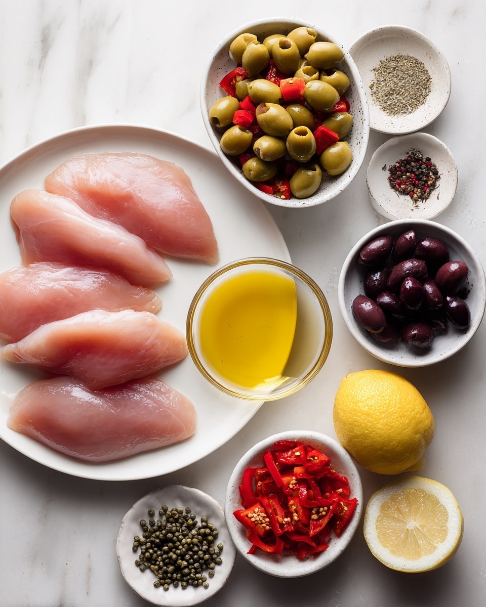 The image shows a white plate on a white marbled surface. On the plate, there are several raw pink chicken fillets arranged neatly to the left. Around the plate, there are small white bowls and piles of ingredients: a bowl filled with green olives with red pieces inside at the top, a small pile of dry black pepper to the right, a heap of salt below that, and a heap of capers below the salt. There is a round clear bowl with orange-yellow olive oil to the right-center, and a halved lemon next to it. Below, a white bowl holds bright red small peppers, and next to it is another bowl with black olives. All items are clearly separated and well arranged on the white marbled surface. photo taken with an iphone --ar 4:5 --v 7