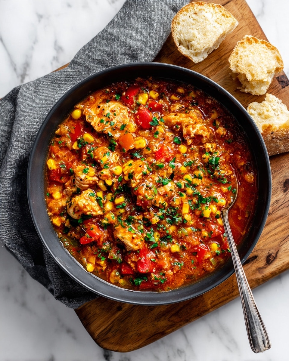 The image shows a dark round bowl filled with a colorful stew on a wooden board with a gray cloth underneath. The stew has small pieces of light brown chicken, bright yellow corn, chunks of red bell pepper, and finely chopped green herbs sprinkled on top. The texture of the stew is thick and saucy with vibrant colors. A spoon rests inside the bowl, and two small round pieces of bread sit on the white marbled surface next to the board. photo taken with an iphone --ar 4:5 --v 7