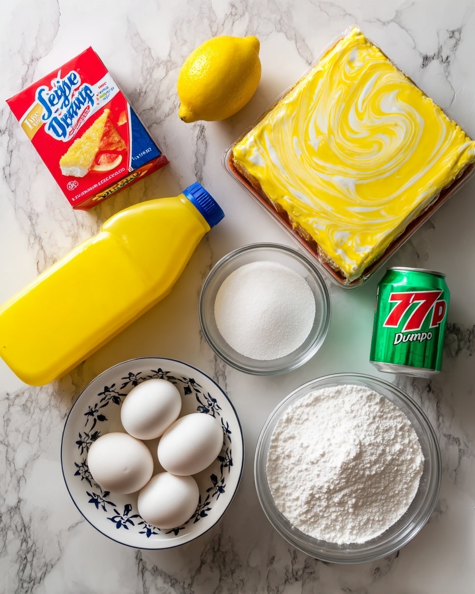 The image shows various baking ingredients arranged neatly on a white marbled surface. At the top center, there is a single bright yellow lemon. To the left of the lemon is a box of lemon-flavored Jell-O with a yellow swirl design. Below the lemon, there is a red and white box of Betty Crocker Super Moist Yellow Cake Mix. To the left of the cake mix, a bright yellow and blue bottle of vegetable oil stands upright. Below the oil, a white bowl decorated with dark star-shaped patterns holds four white eggs. To the right of the eggs, there is a green can of 7UP soda. Next to the soda, on the right side, is a small clear glass bowl filled with white granulated sugar. A pack of Domino powdered sugar, with a white and blue box, is placed between the vegetable oil and the cake mix. The wooden background is replaced by the white marbled surface visible beneath all items. photo taken with an iphone --ar 4:5 --v 7