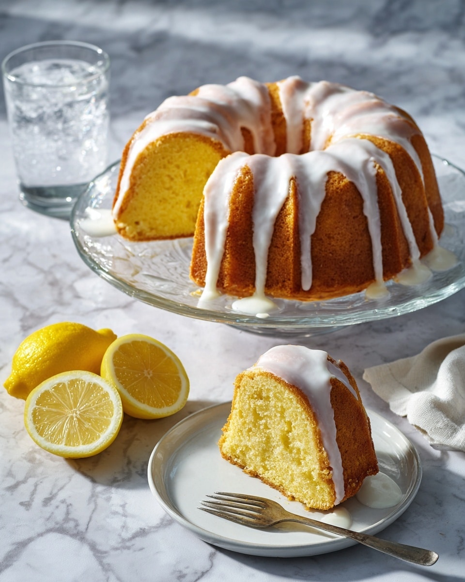 The image shows a round bundt cake on a clear glass plate with a white marbled surface underneath. The cake has one thick layer, golden brown in color, with white icing dripping unevenly down the sides and pooling on the plate. A large wedge is removed from the cake, revealing its soft, light yellow interior. To the side, there is a white plate with one slice of the cake, accompanied by a silver fork resting next to the slice. Near the cake, there are three lemon pieces, one half and two quarters, and a clear glass of water on the white marbled surface. The lighting is natural and soft, creating a bright, clean look photo taken with an iphone --ar 4:5 --v 7