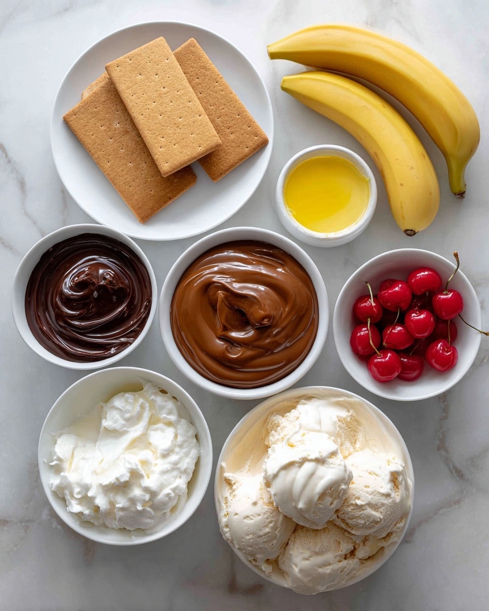 The image shows eight white bowls and plates arranged on a white marbled surface. Starting from the top left, there is a white plate holding three rectangular graham crackers placed side by side. To the right, two yellow bananas rest directly on the surface. Below the bananas, a bowl filled with smooth, thick brown caramel sauce is visible. To the left of the caramel, another bowl contains glossy dark chocolate spread with a slightly swirled texture on top. Below the chocolate, a smaller bowl of golden yellow melted butter shines. To the left of the butter, a small bowl contains bright red maraschino cherries with stems. In the bottom left corner, a bowl is filled with soft, fluffy white whipped cream, while to its right, a large bowl holds creamy, pale beige vanilla ice cream with a few uneven ridges. The image is clear with natural light, photo taken with an iphone --ar 4:5 --v 7
