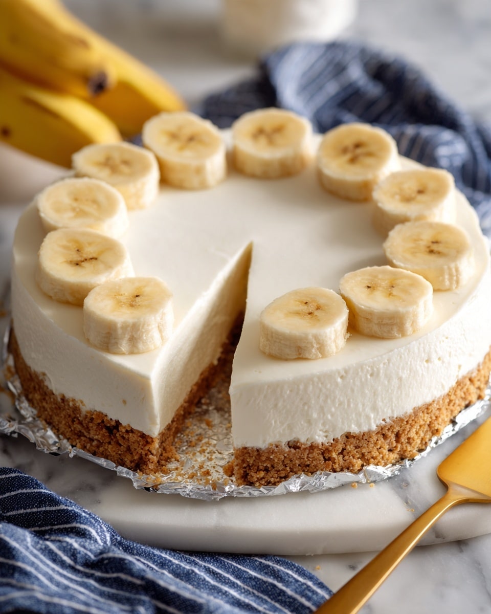 The image shows a close-up of a dessert with a creamy white top layer that looks smooth and soft. The slice is cut out, revealing a thin light brown crust at the bottom layer. Around the edge, there are round slices of pale yellow banana evenly placed on the white cream. The dessert sits on a crinkled foil base, all positioned on a white marbled surface with a blue and white striped cloth nearby. A golden spatula is also visible in the lower right corner. photo taken with an iphone --ar 4:5 --v 7