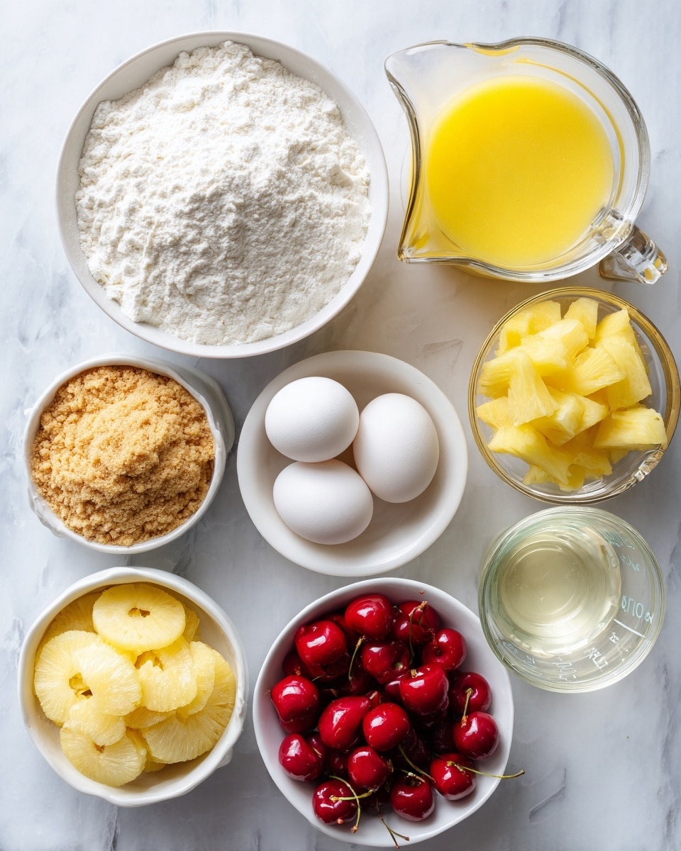 The image shows several white bowls and glass containers on a white marbled surface. There is a large white bowl filled with white flour at the top left, next to a clear glass container of yellow juice shaped like a small pitcher. Below them is a small white bowl holding three white eggs. To the right, there is a clear glass measuring cup with a light yellow liquid. In the lower part of the image, a white bowl holds bright red cherries with a shiny texture. Another white bowl contains yellow pineapple rings, and next to it is a white bowl filled with a yellow powdery substance. A round glass bowl at the left side has a tan crumbly mixture. photo taken with an iphone --ar 4:5 --v 7