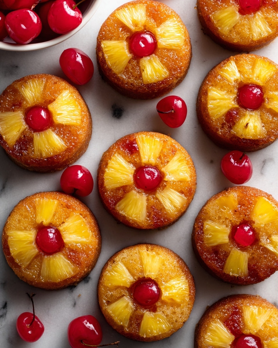 There are twelve small pineapple upside-down cakes arranged closely in a loose grid on a white marbled surface. Each cake has a golden brown base with three bright yellow pineapple pieces on top, arranged in a triangular pattern, and a small red cherry in the center. The cakes have a glossy, slightly sticky texture on top. Around them, there are a few loose red cherries scattered on the surface, and the edge of a white bowl filled with more cherries is visible on the left side. Photo taken with an iphone --ar 4:5 --v 7