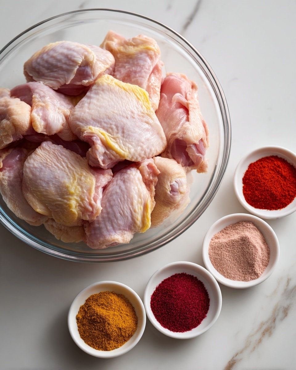 A clear glass bowl filled with raw chicken pieces showing pale pink skin with some yellow tint near the edges, each piece having smooth and slightly shiny textures; next to the bowl on the right side, a small white bowl holds six separated piles of brightly colored dry spices including red, brown, pink, and beige powders on a white marbled surface. photo taken with an iphone --ar 4:5 --v 7