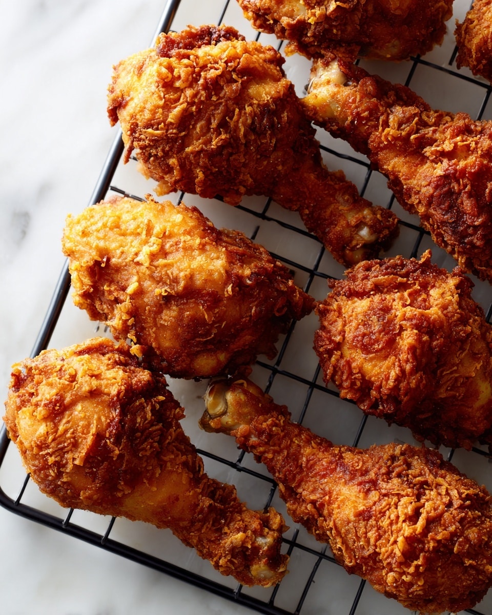 The image shows a close-up view of seven fried chicken drumsticks arranged closely on a black wire rack. Each drumstick has a crispy, deep golden brown crust with a rough textured surface that looks crunchy and well-seasoned. The chicken pieces are placed in two vertical columns with slight overlaps, set over a white marbled surface that is clean and minimally visible beneath the rack. The lighting highlights the rich color and texture of the fried coating, making the drumsticks appear hot and freshly cooked. Photo taken with an iphone --ar 4:5 --v 7